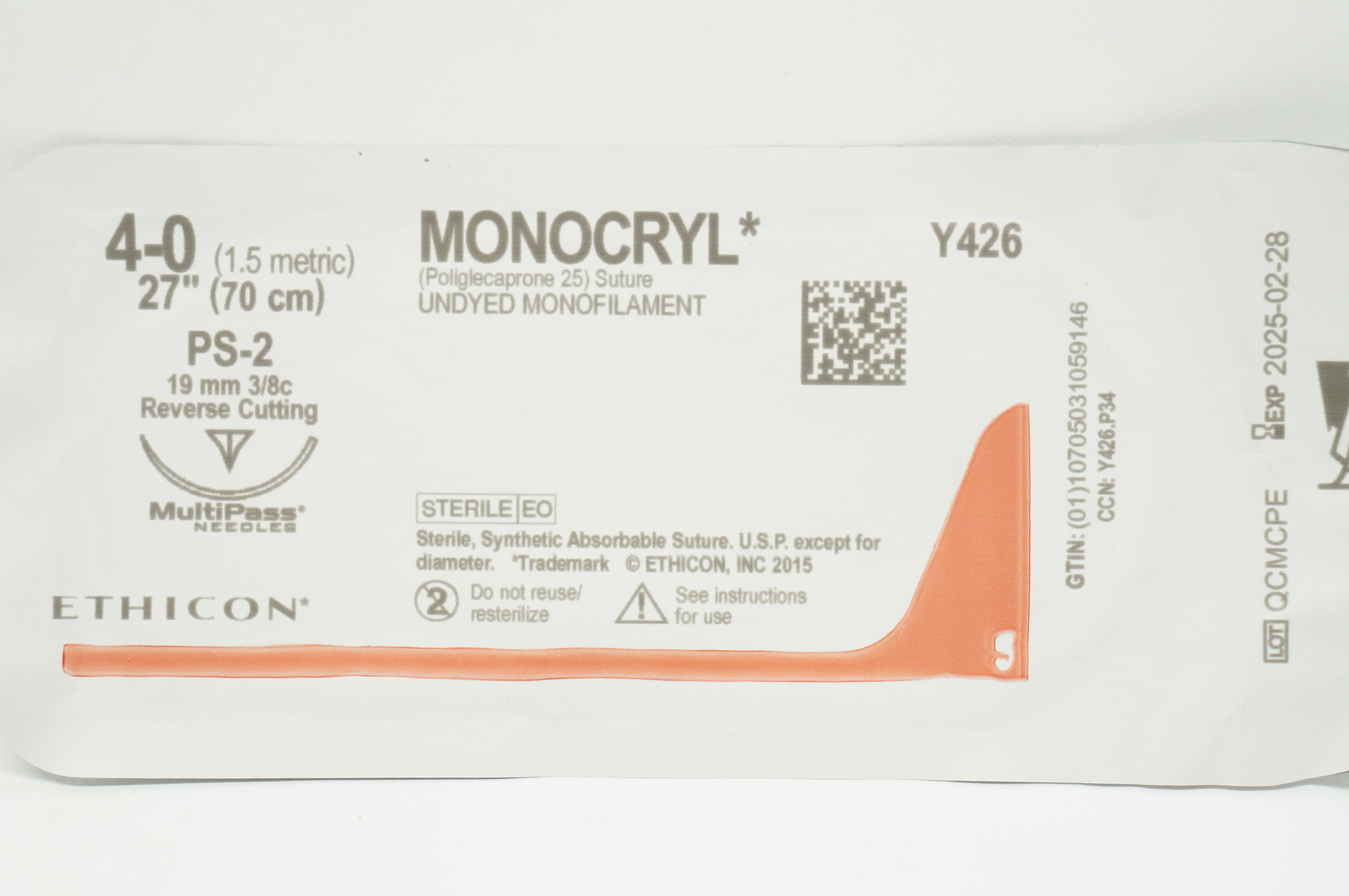 Ethicon Y496 4-0 MONOCRYL Undyed PS-2 19mm 3/8c Reverse Cutting 18inch