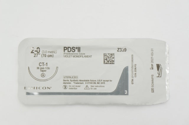 Ethicon Z339 2-0 PDS II Polydioxanone Stre CT-1, 36mm 1/2c Taper, 27inch