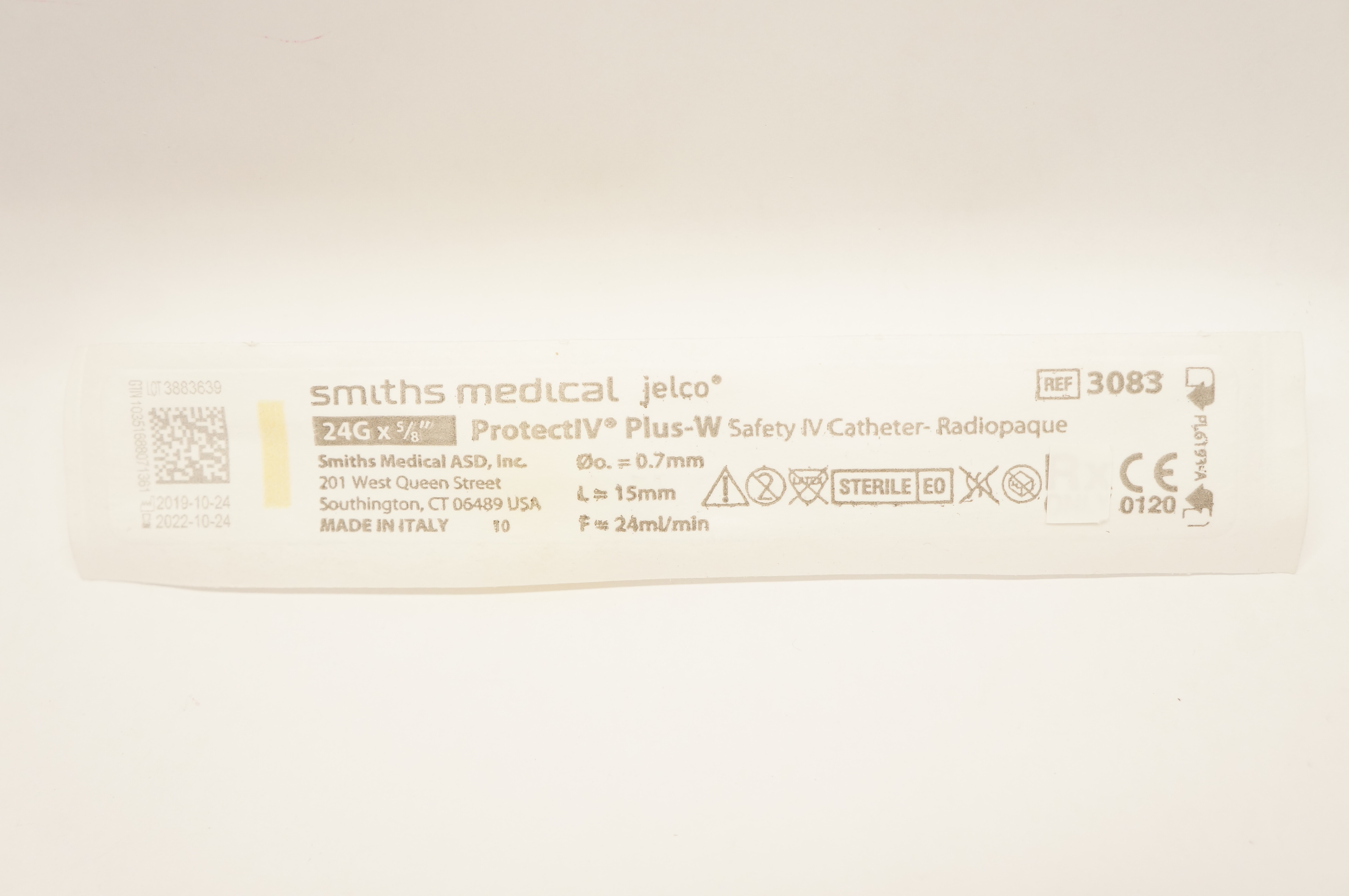 Smiths Medical 3083 Jelco Protect IV Plus-W Safety IV Cath. 24G x 5/8 inch