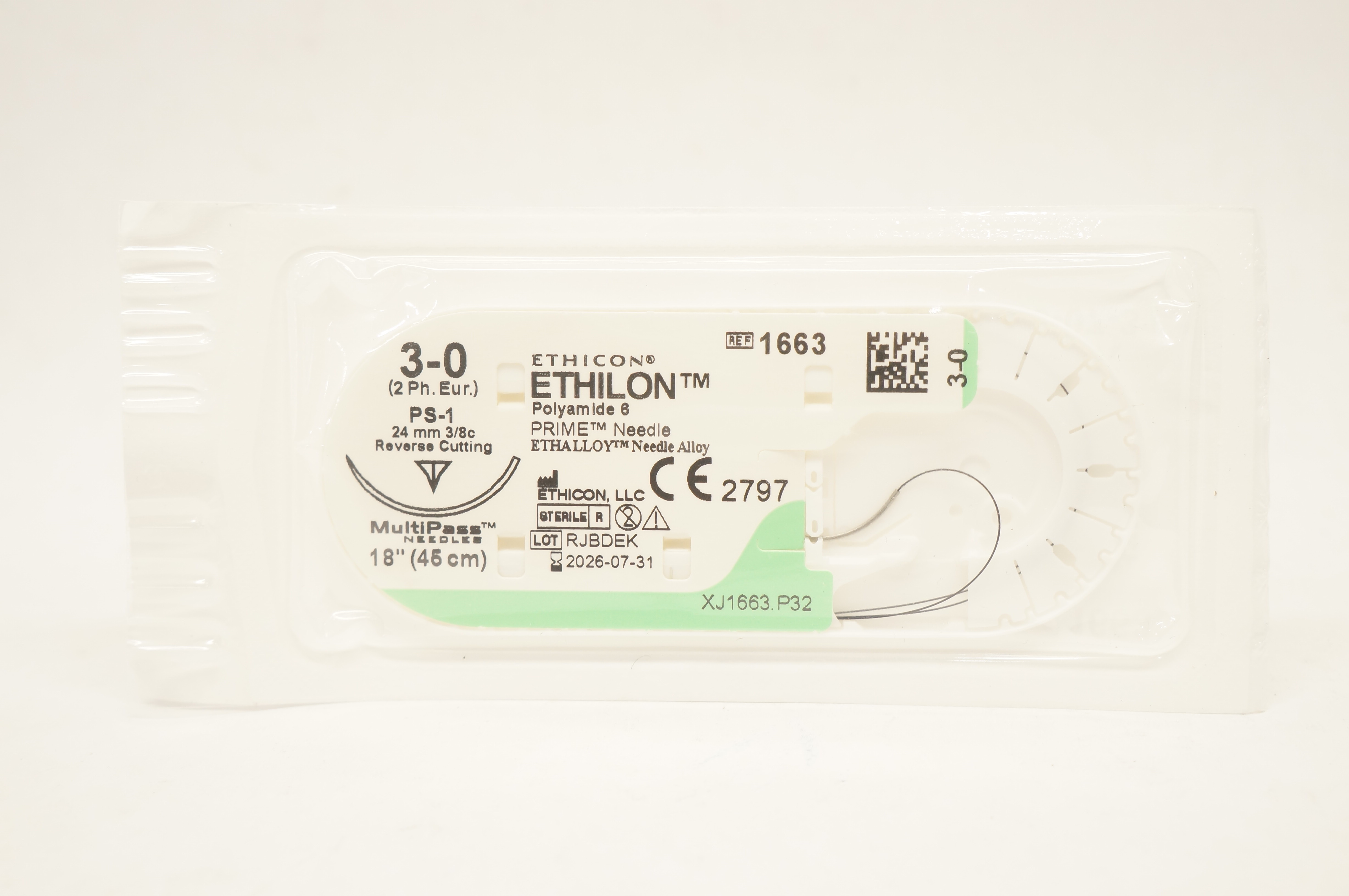 Ethicon 1663 3-0 Ethilon Stre PS-1 24 mm 3/8c Reverse Cutting, 18 inch