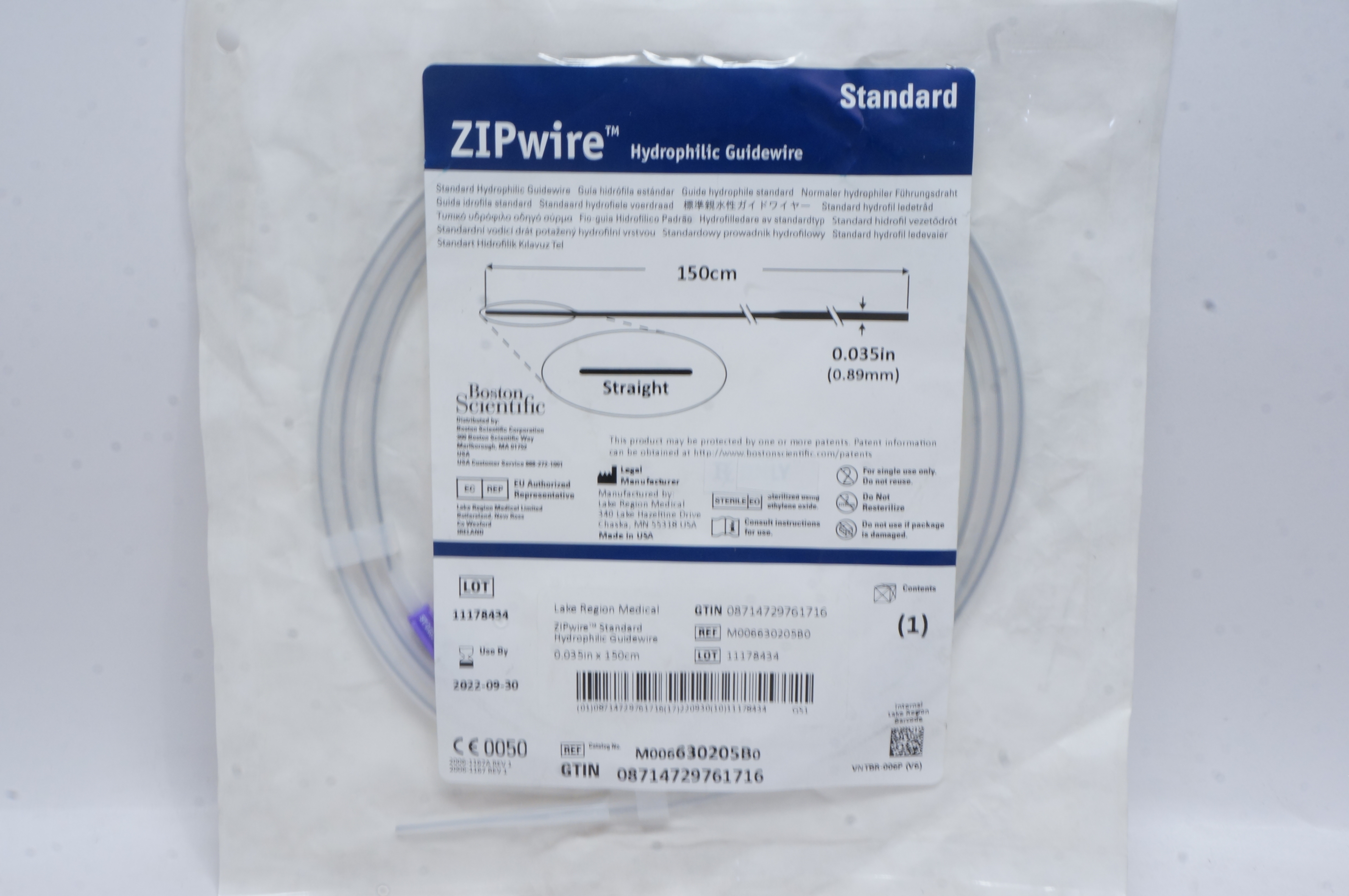 Boston Scientific 630205B ZIPwire Hydrophilic Guidewire 0.035inch x 150cm