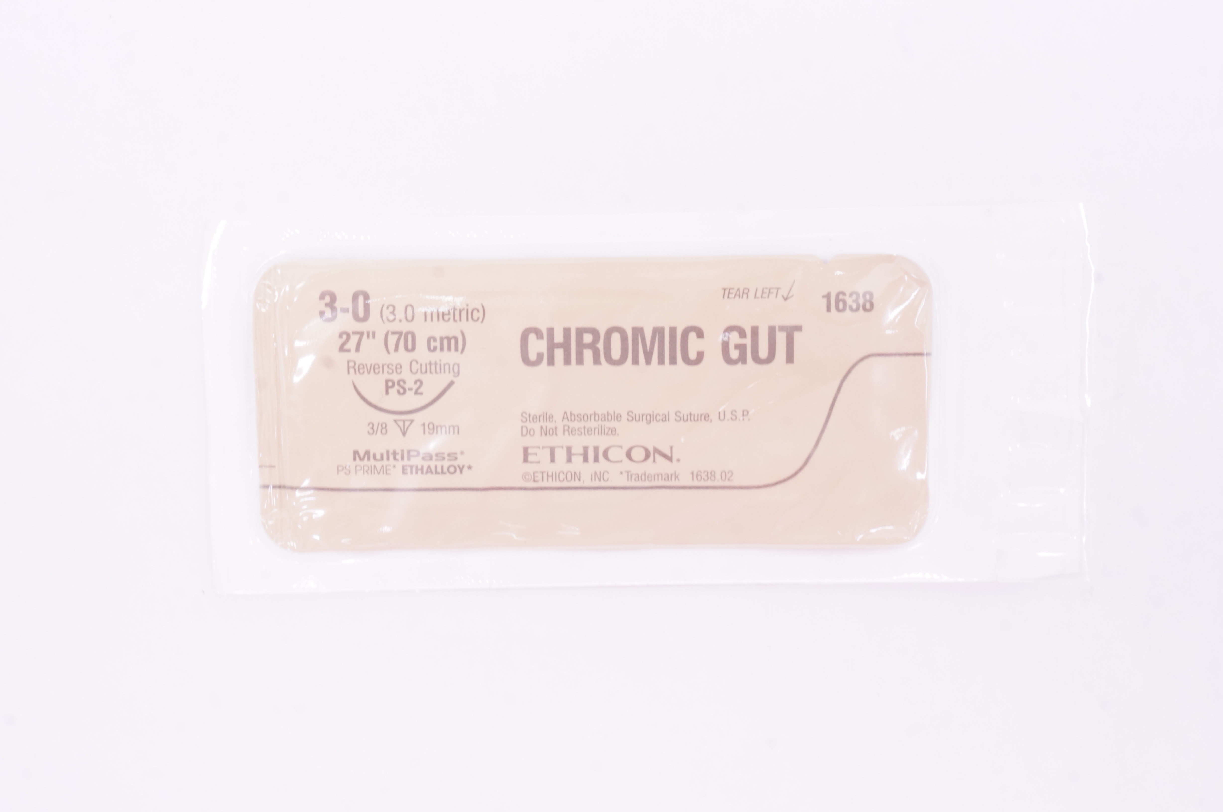 Ethicon 1638 3-0 Chromic Gut PS-2 19mm 3/8c Reverse Cutting, 27inch (x)