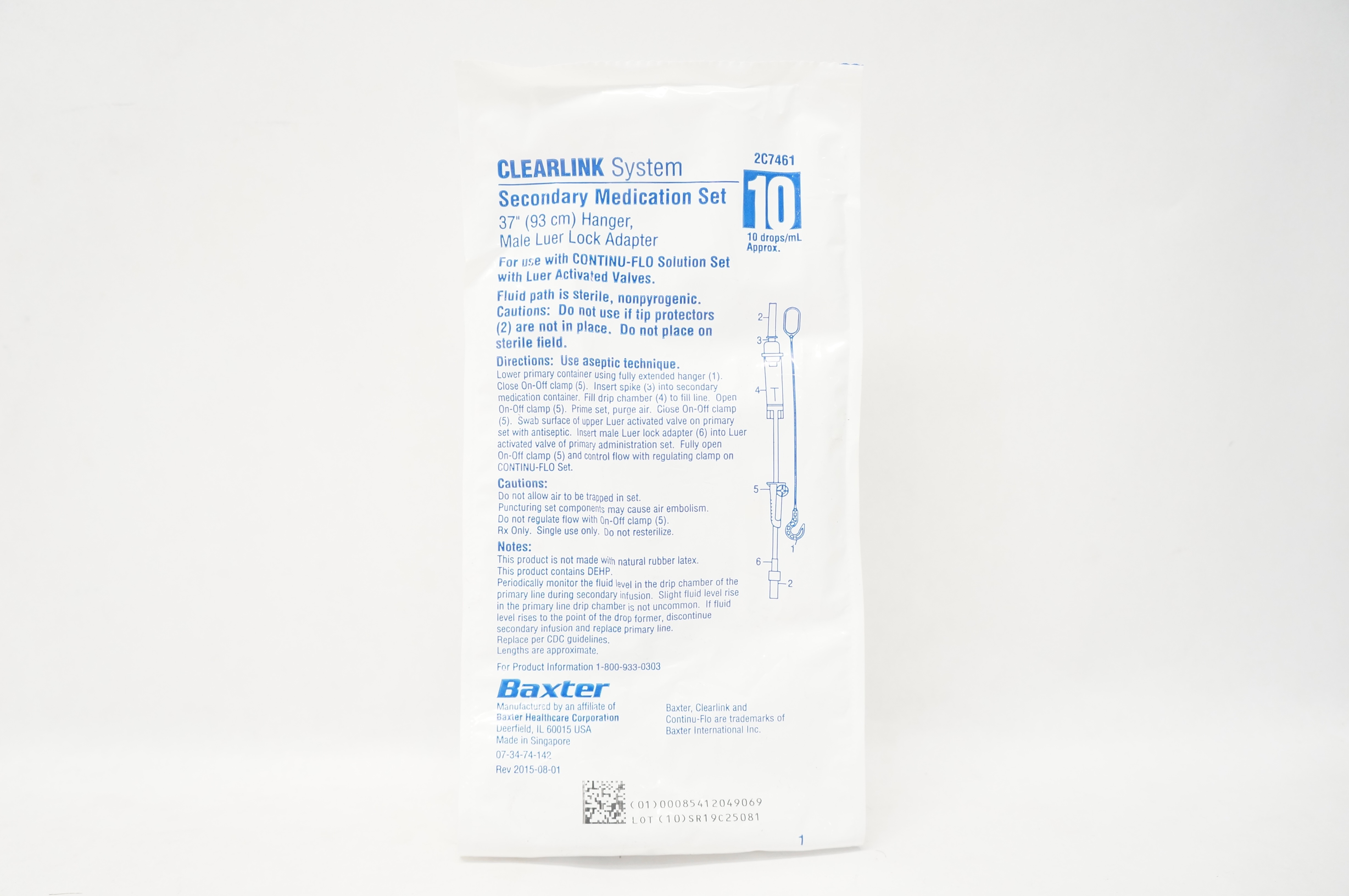 Baxter 2C7461 Clearlink System Secondary Medication Set 37inch Hanger 10drops/ml