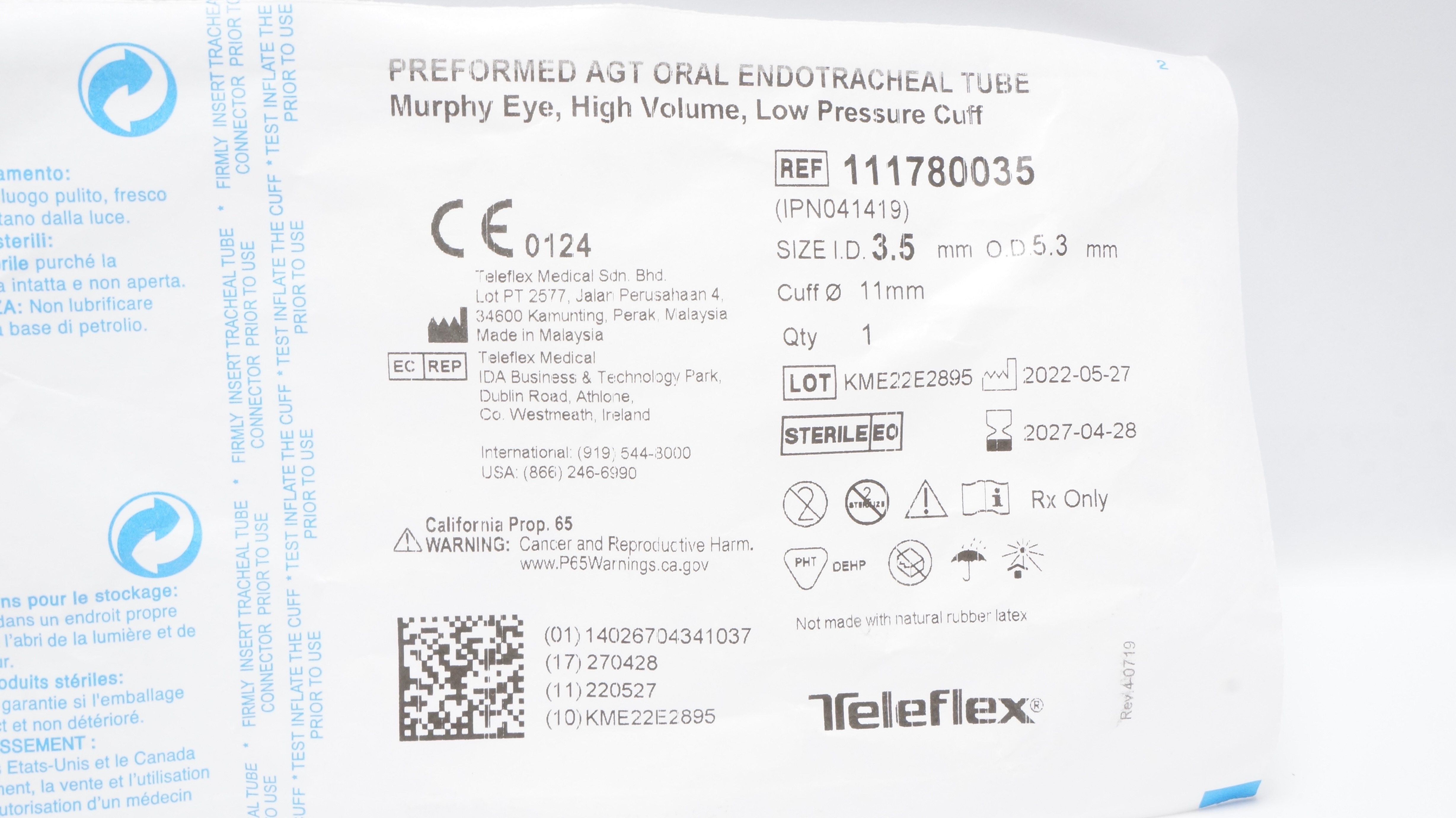 Teleflex 111780035 Preformed Agt Oral Endotracheal Tube 3.5IDx 5.3OD x 11.0mm