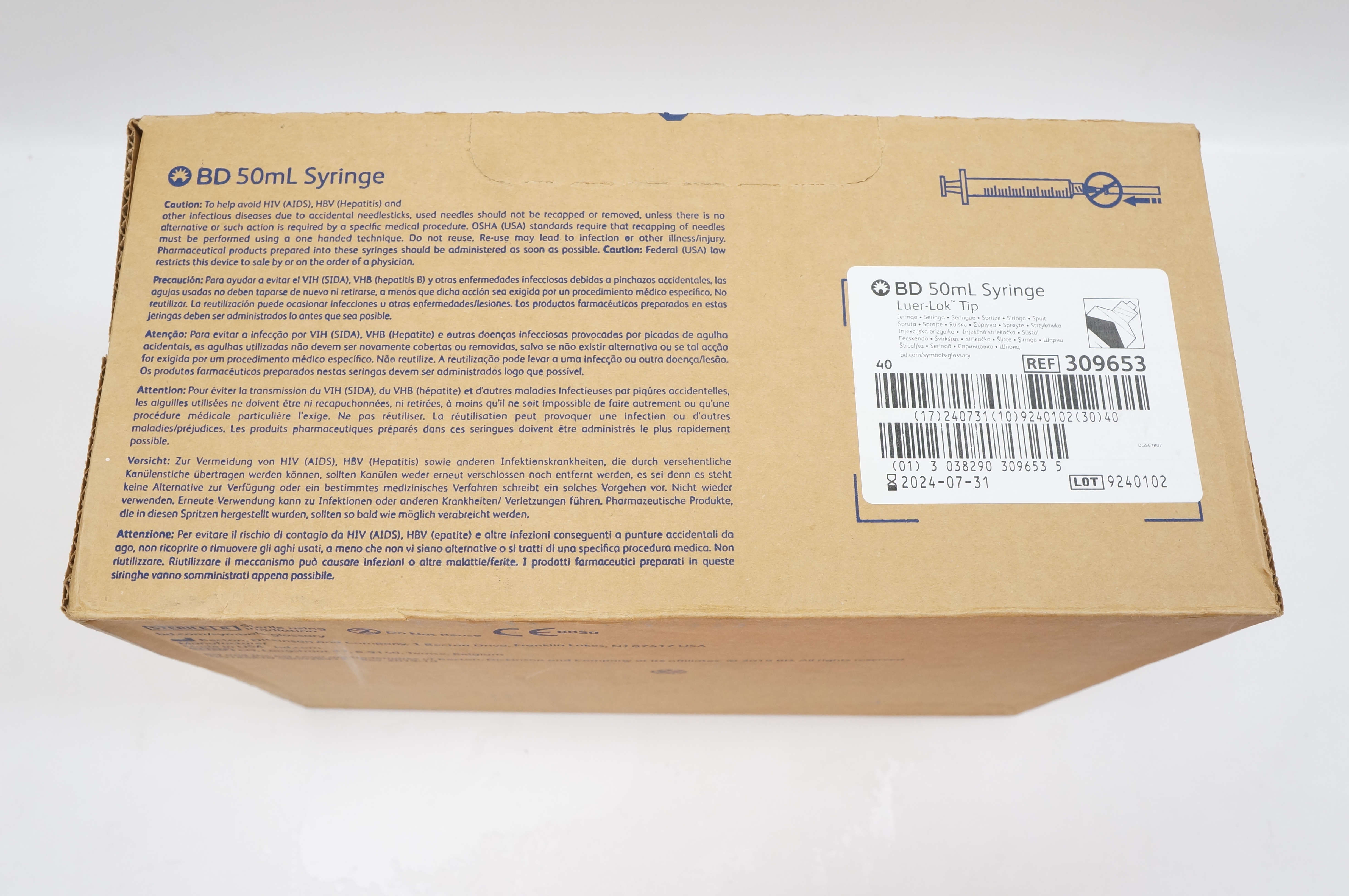 BD 309653 Luer-Lok Tip Syringe 50mL - Box of 40