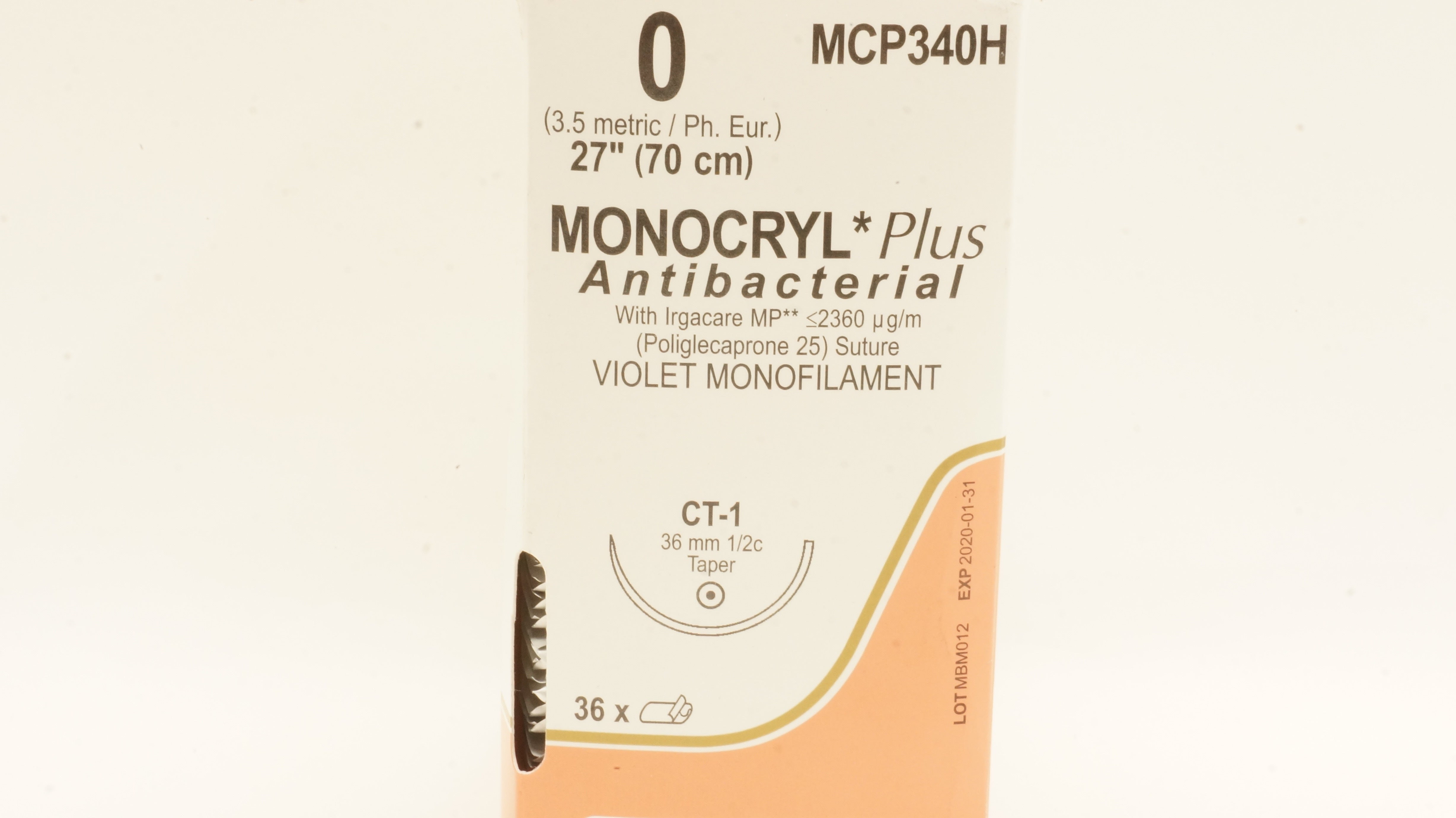 Ethicon MCP340H 0 Monocryl Plus Stre CT-1 36mm 1/2c Taper 27inch (x) - Box of 36