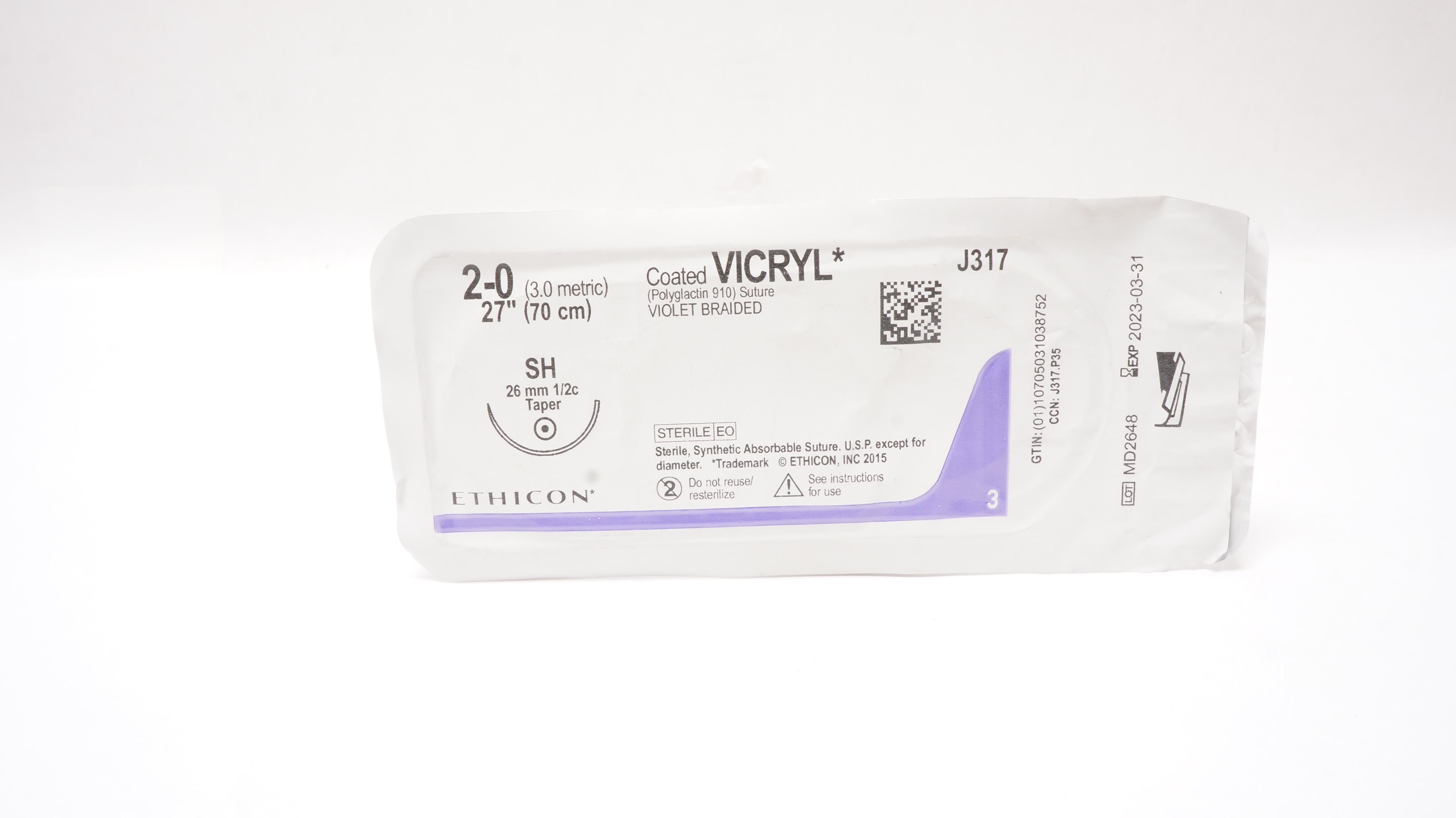 Ethicon J317 2-0 Coated VICRYL Stre SH 26mm 1/2c Taper, 27 inch (x)