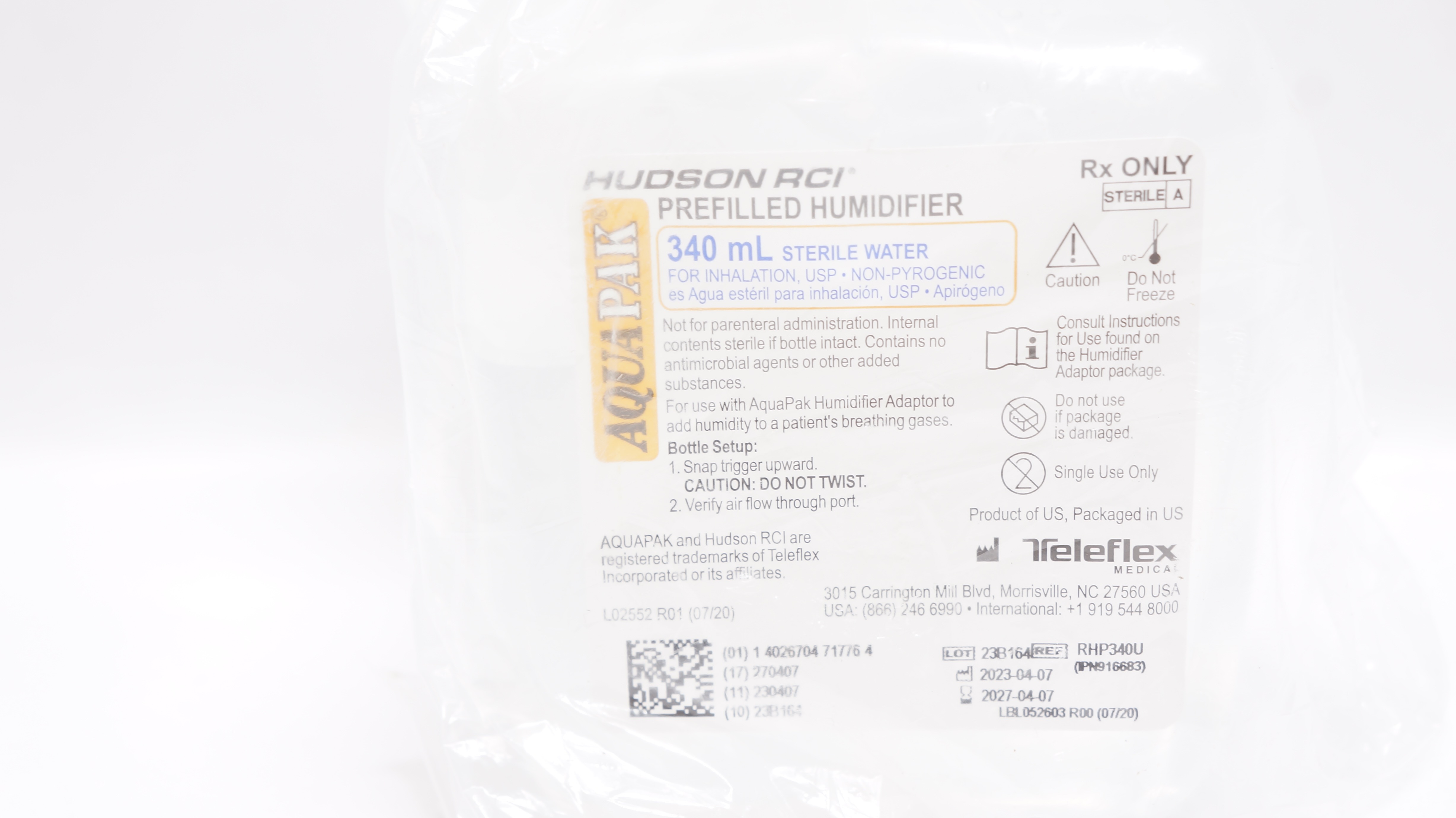 Teleflex RHP340U Hudson RCI Prefilled Humidifier 340mL