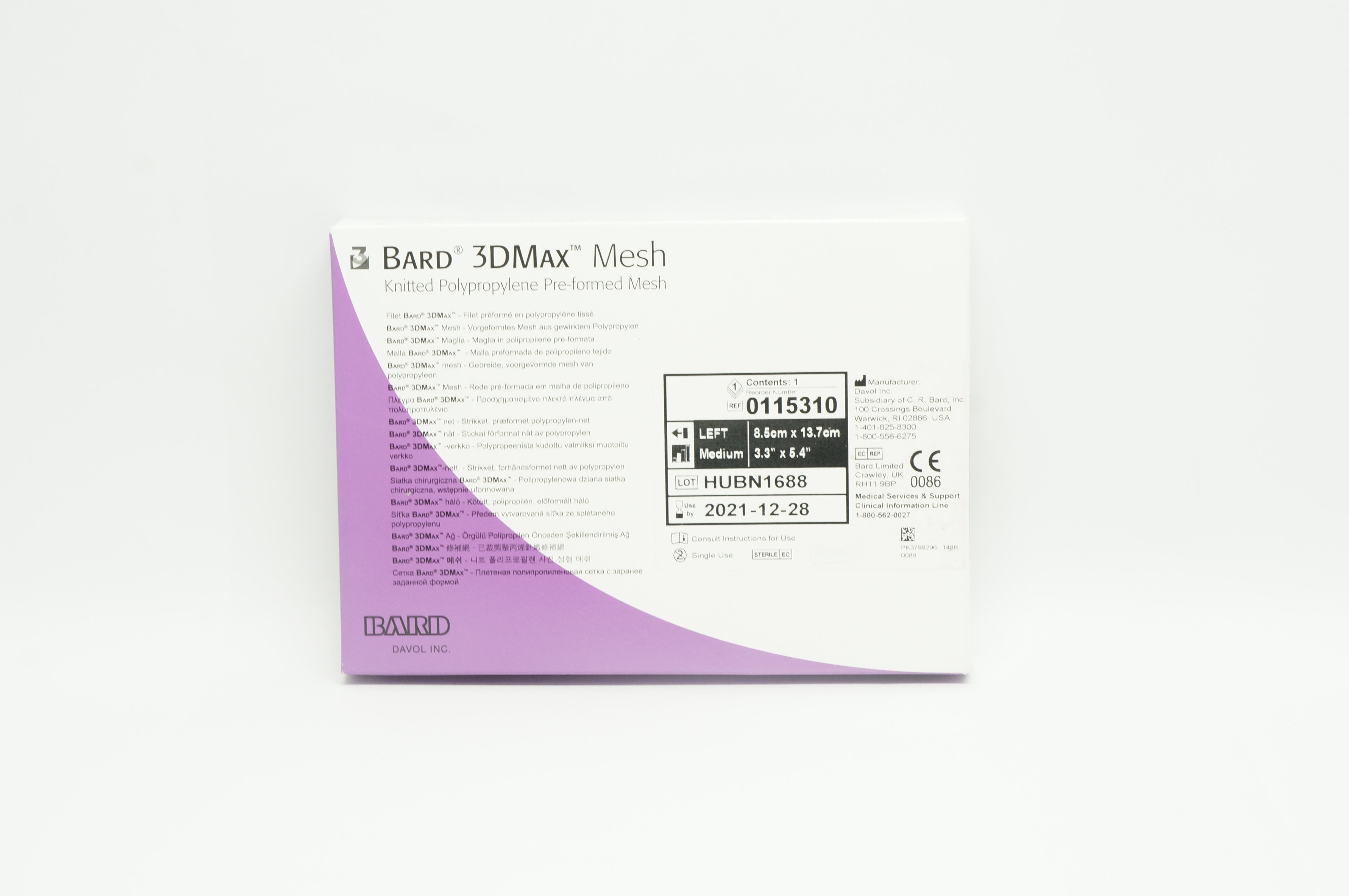 Bard 0115310 3DMax Mesh Knitted Pre-formed Mesh Left 3.3in. x 5.4in.