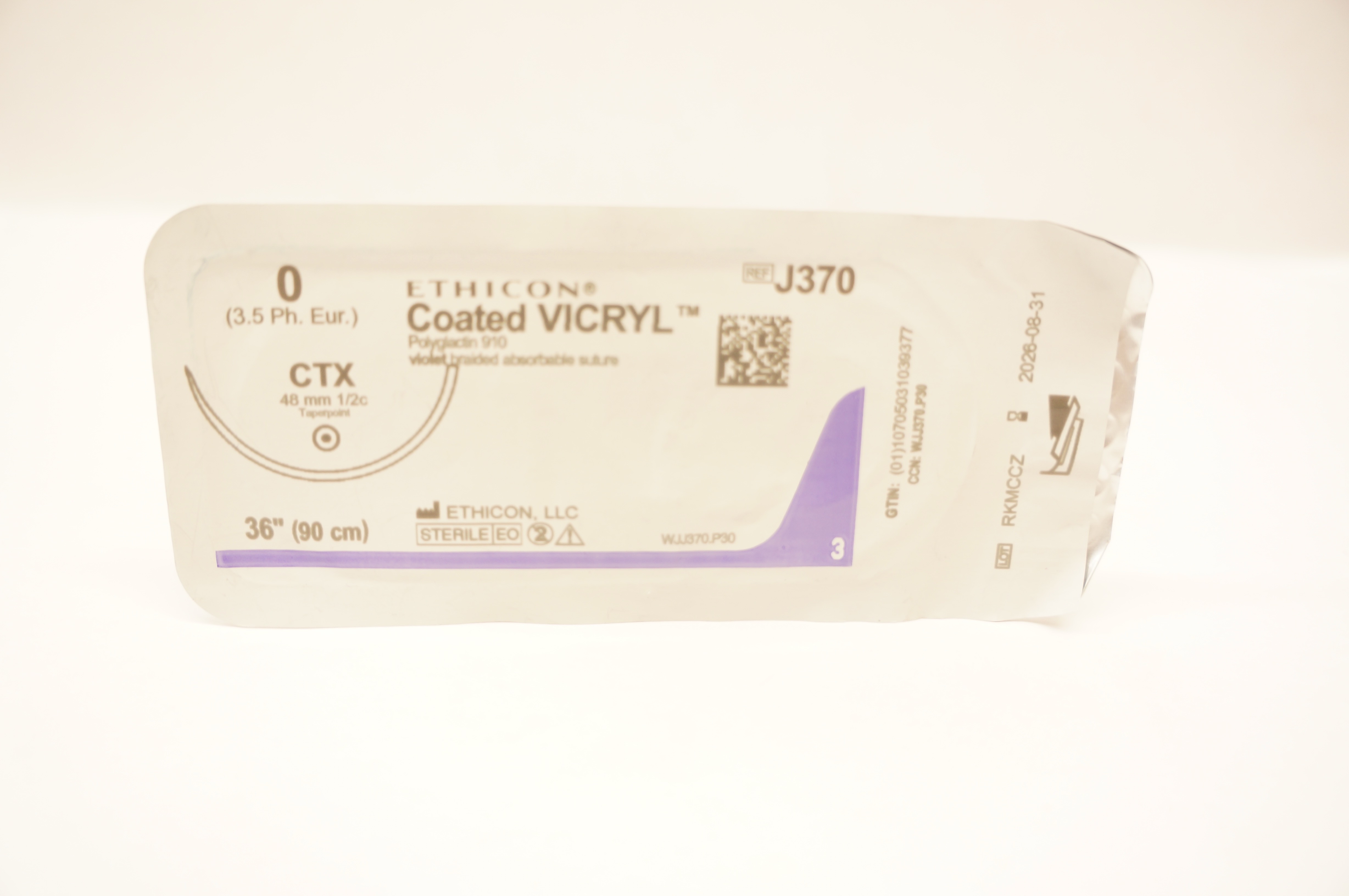 Ethicon J370 0 Coated VICRYL, CTX, 48mm 1/2c Taperpoint, 36inch
