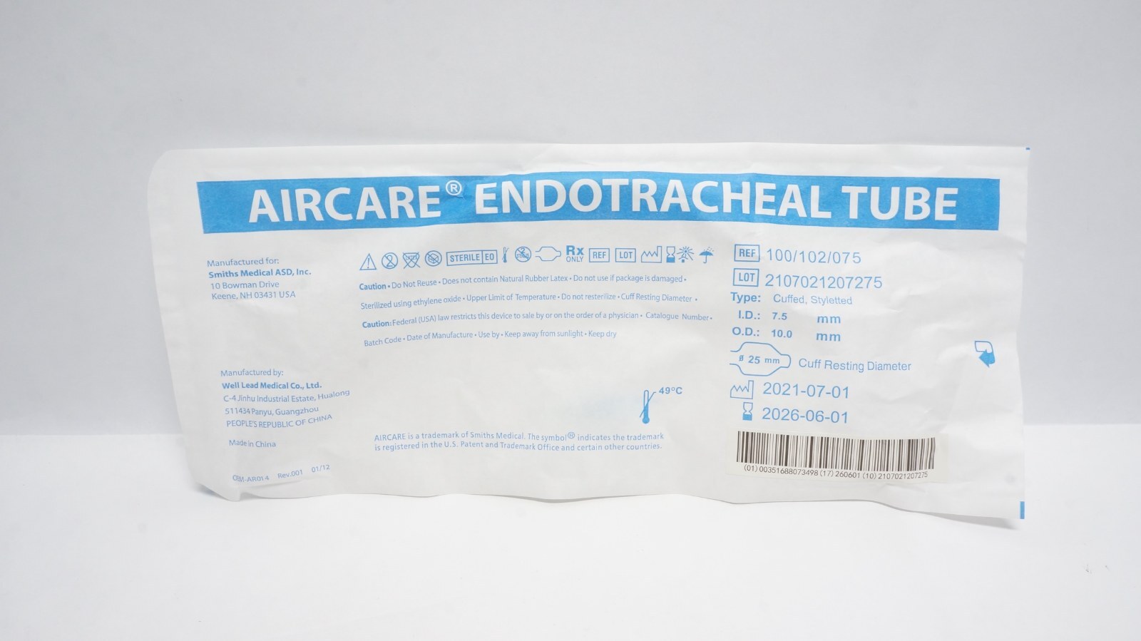 Smiths Medical 100/102/075 AIRCARE Endotracheal Tube 7.5 mm Cuffed