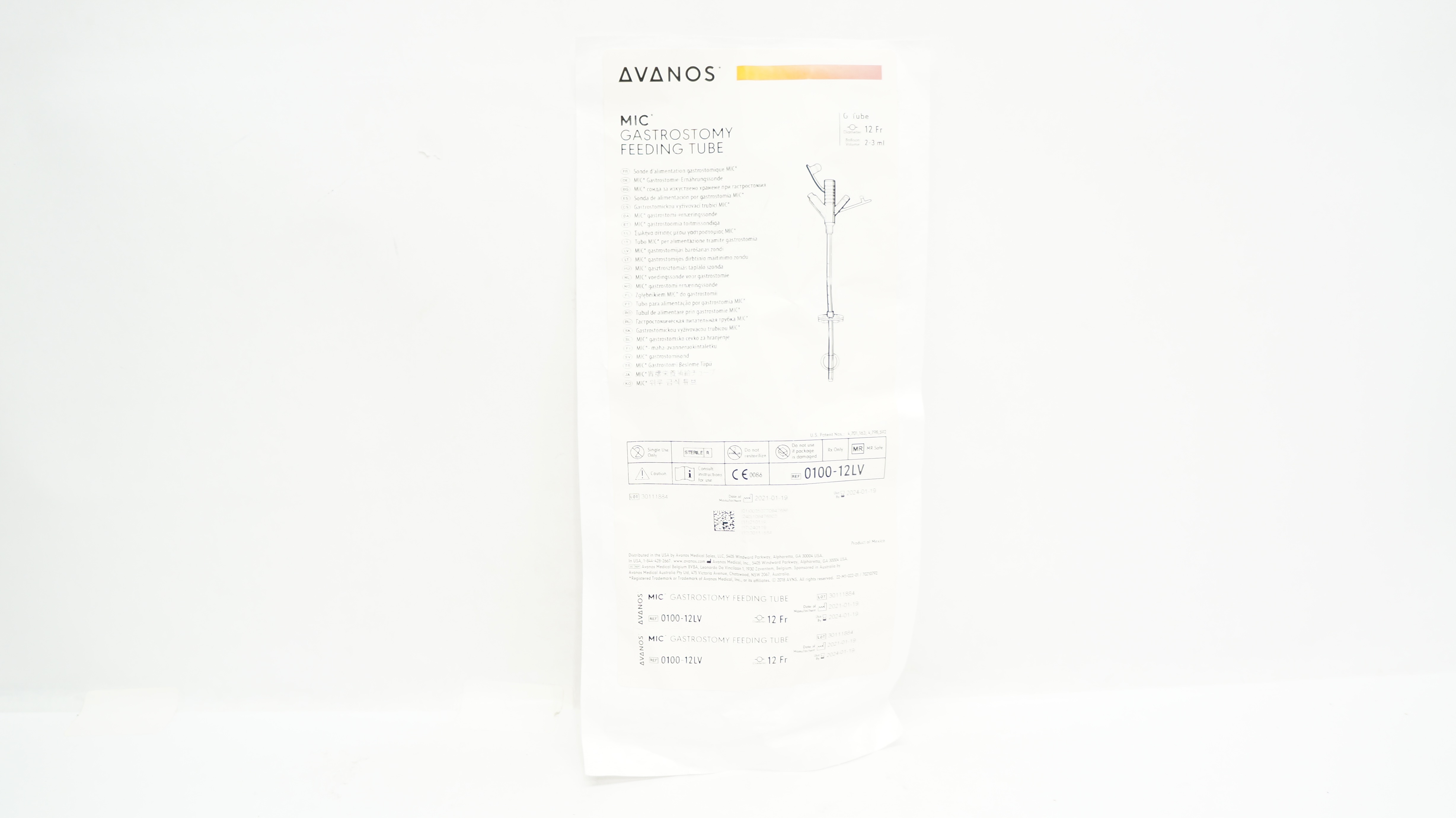 Avanos 0100-12LV Mic Gastrostomy Feeding Tube 12Fr x 2-3mL