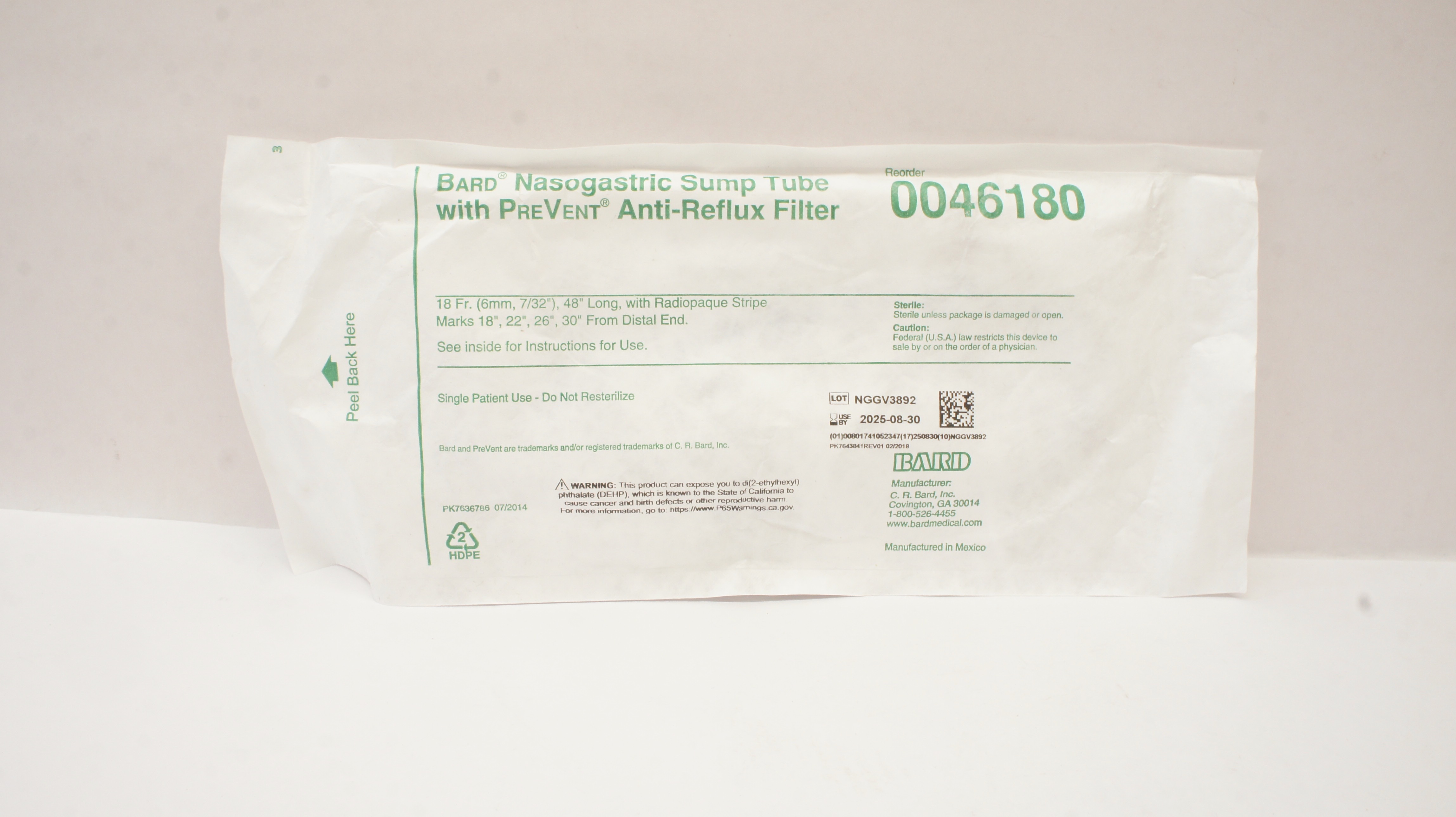 Bard 0046180 Nasogastric Sump Tube With PreVent Anti-Reflux Filter 18Fr