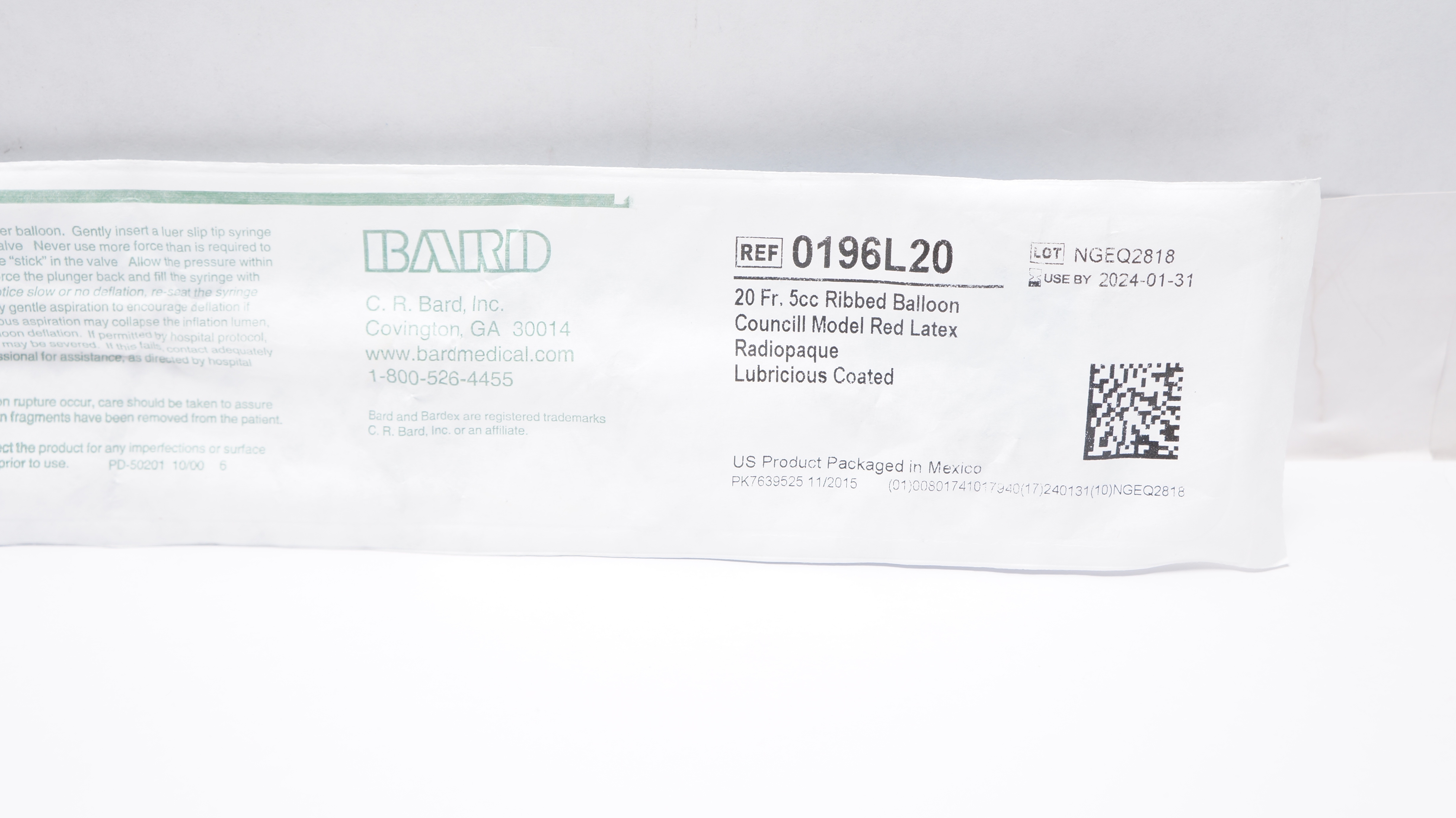 Bard 0196L20 Bardex Foley Cath. 20Fr. 5cc Ribbed Balloon, Councill Model (x)