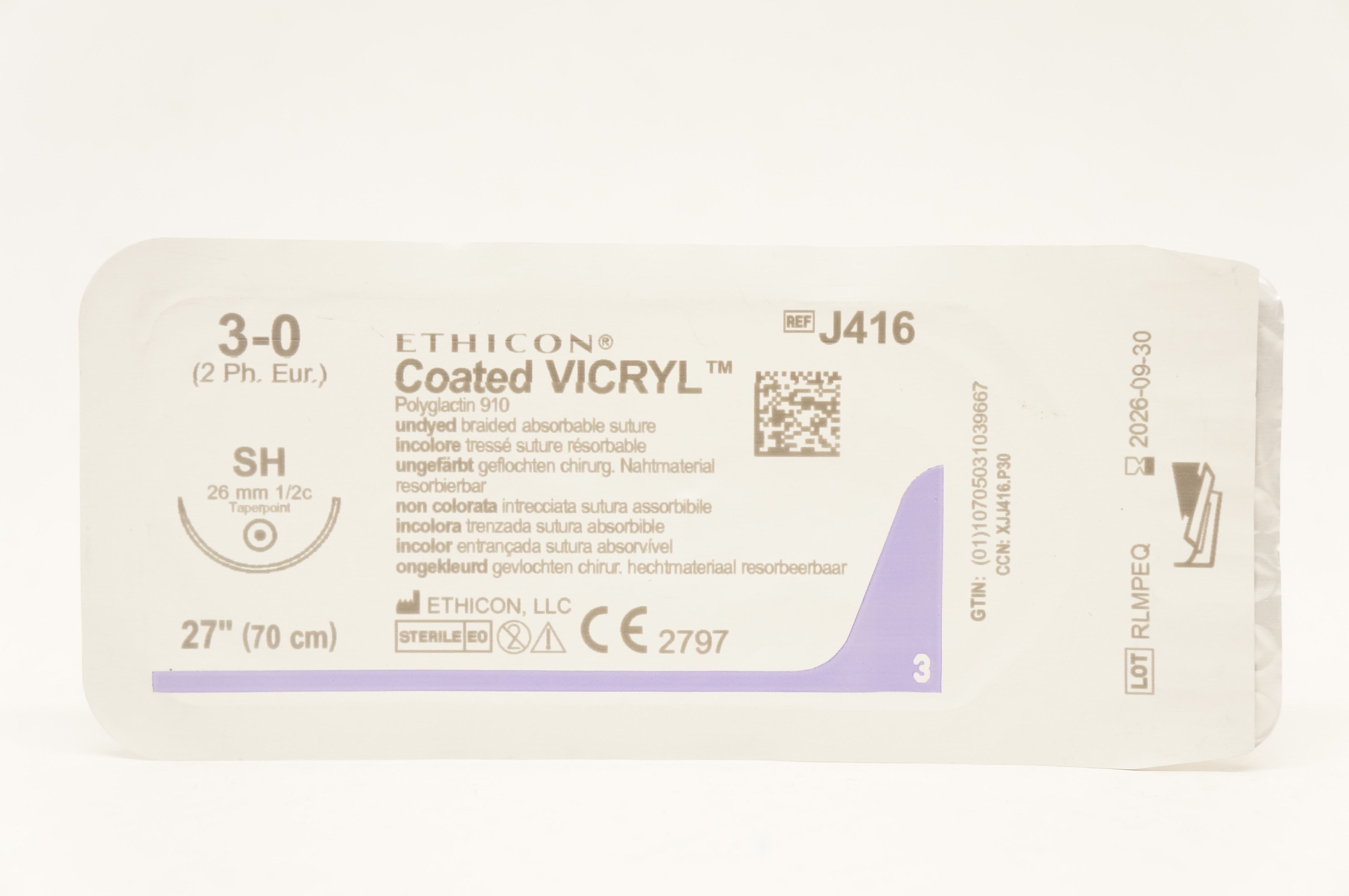Ethicon J416 3-0 Coated VICRYL Polyglactin Stre SH 26mm 1/2c Taperpoint, 27inch
