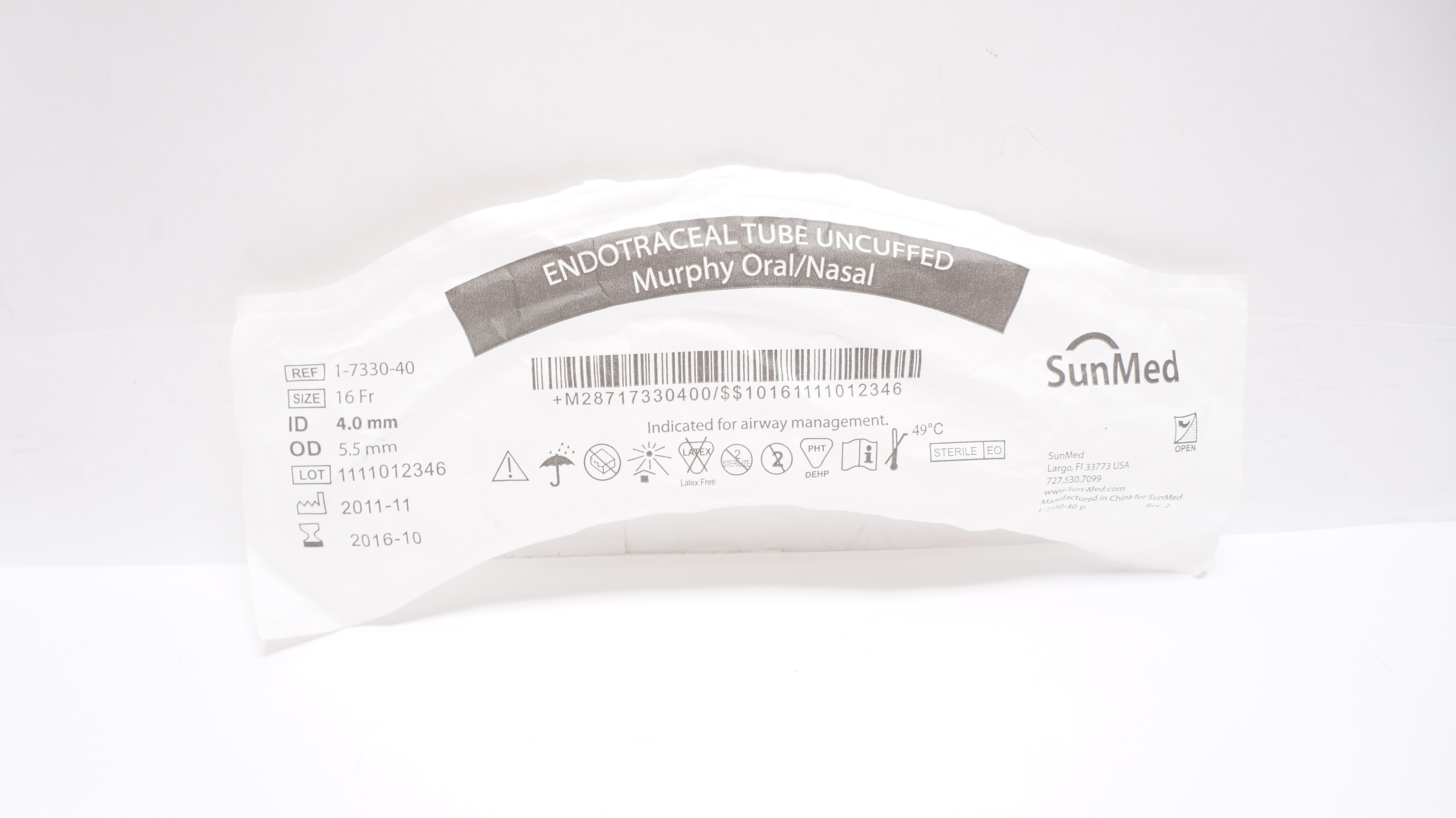 SunMed 1-7330-40 Uncuffed Endotracheal Tube 16Fr x 5.5 OD x 4.0mm ID (x)