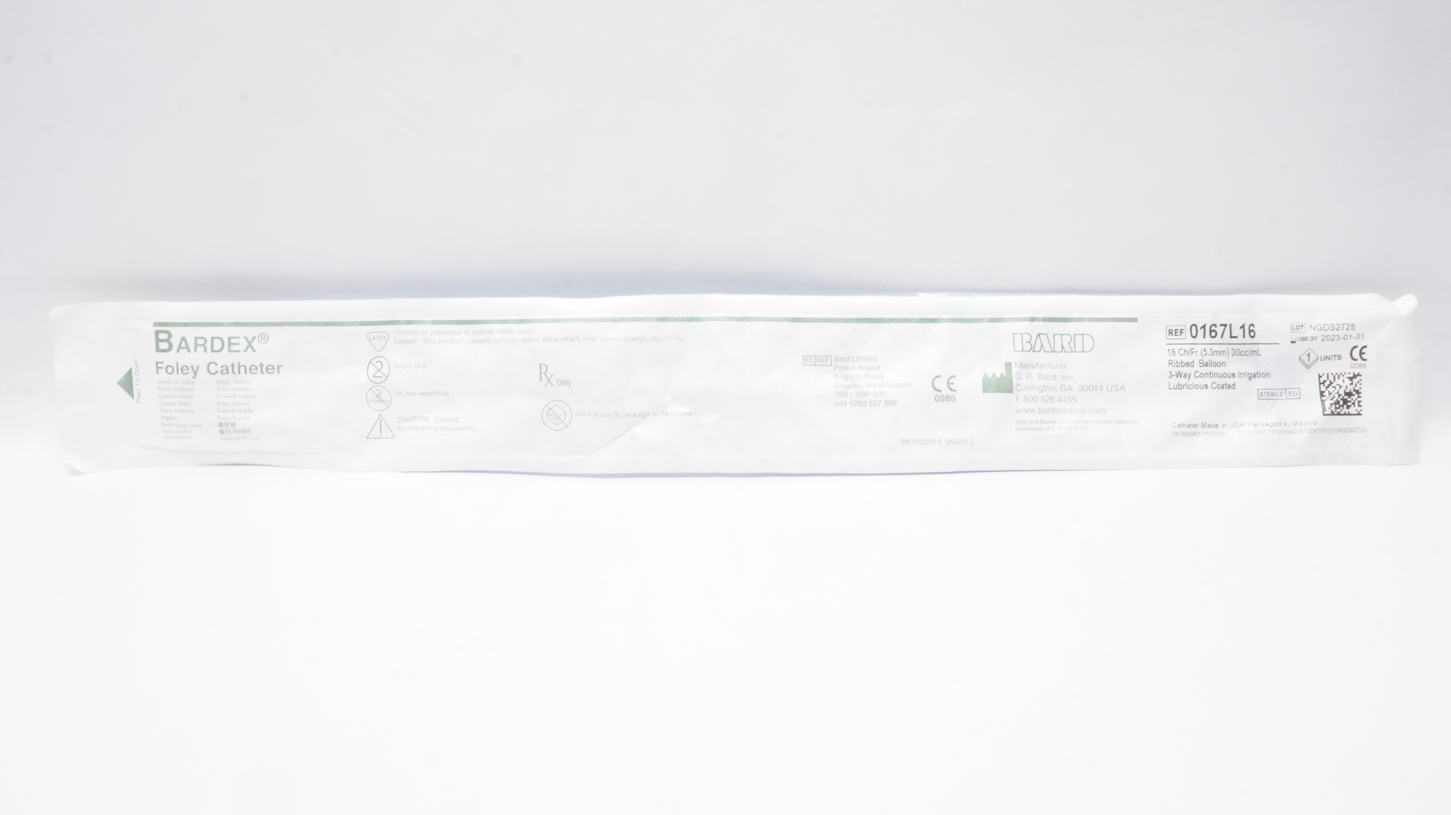 Bard 0167L16 Bardex Foley Catheter 16Fr 30cc Ribbed Balloon (x)