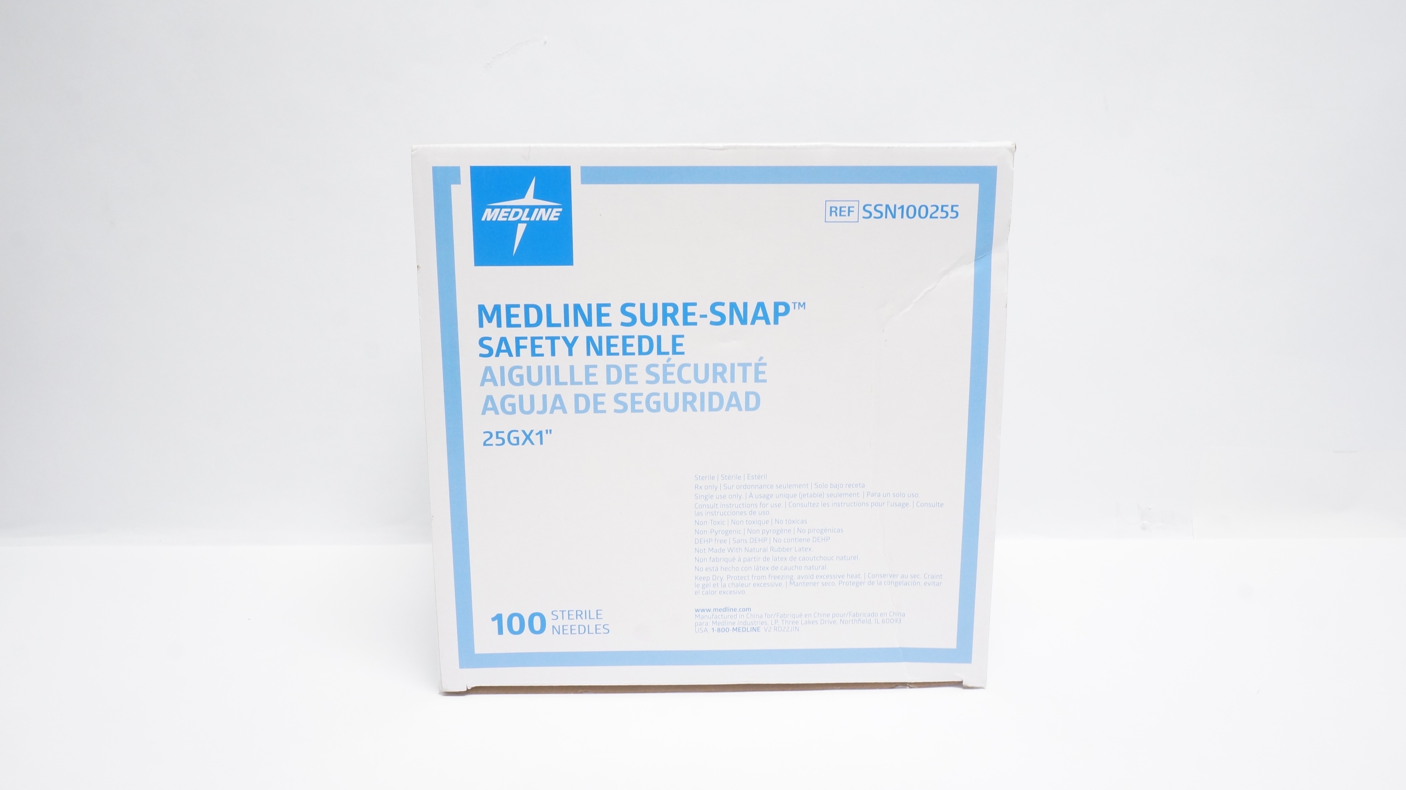 Medline SSN100255 Sure-Snap Hypodermic Safety Needles 25G x 1inch - Box of 100