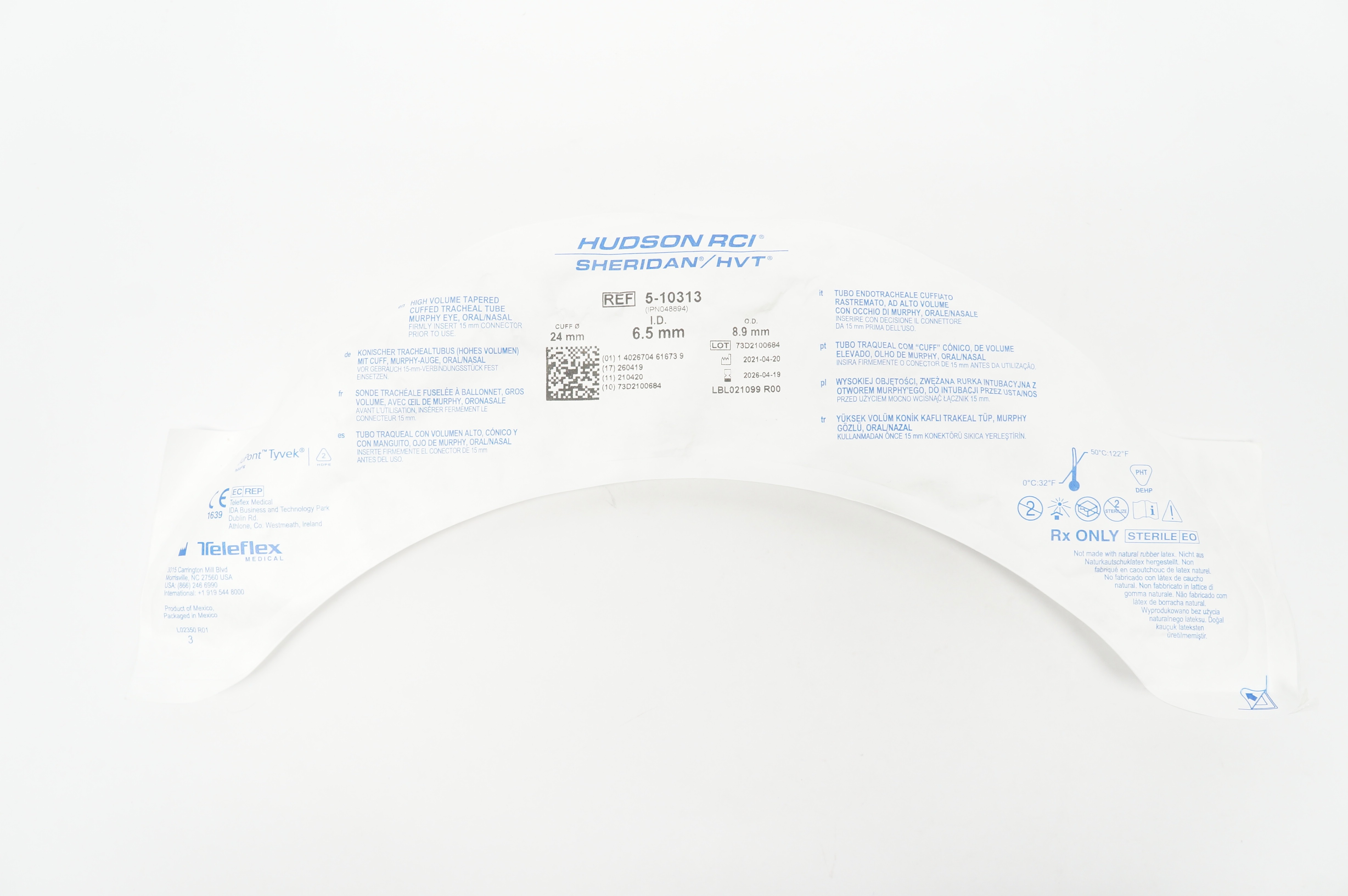 Teleflex 5-10313 Hudson RCI Sheridan HVT Cuffed Tracheal Tube 6.5x 8.9 x 24mm