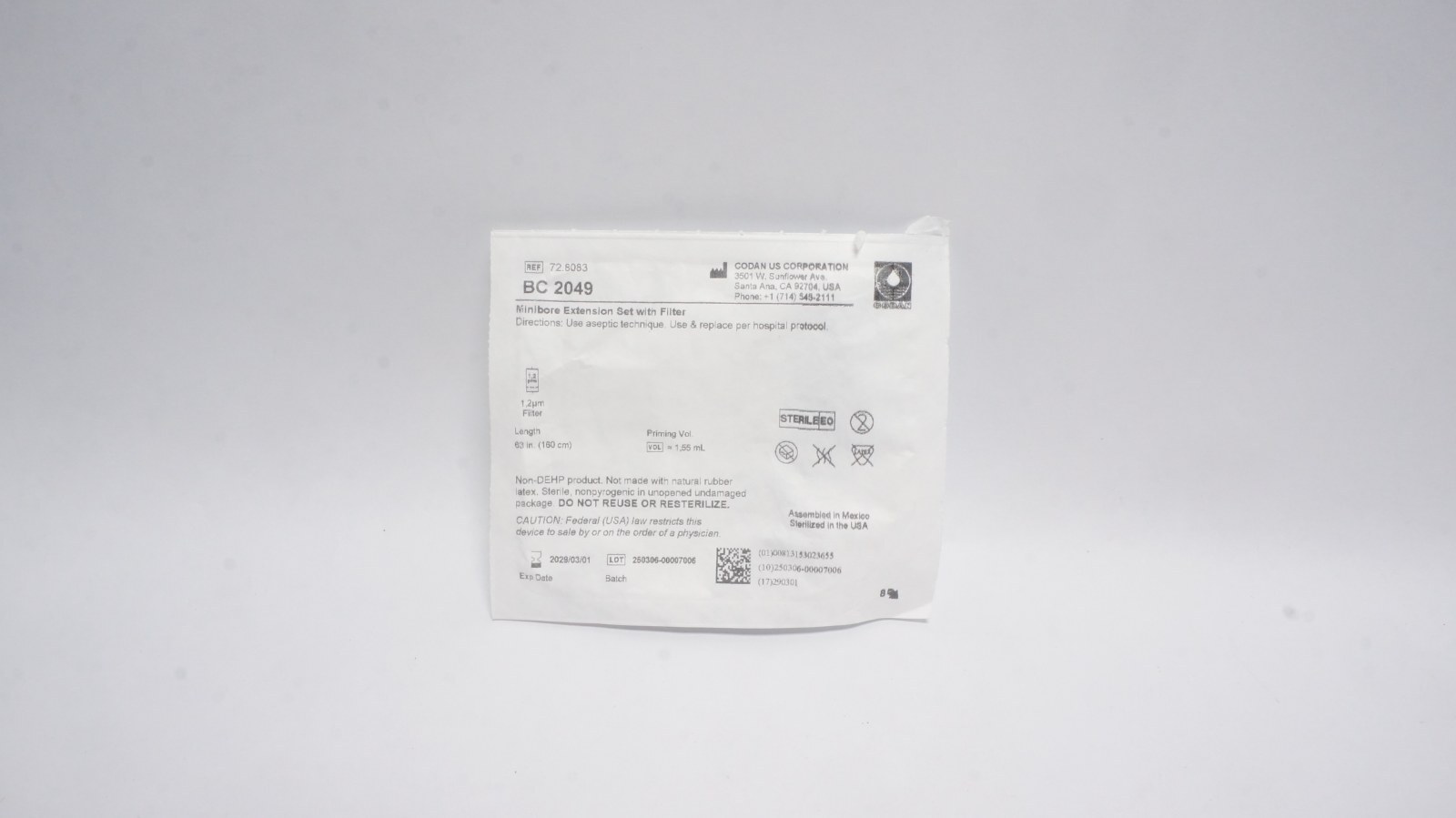 CODAN 72.8083 Minibore Extension Set with Filter 63 in