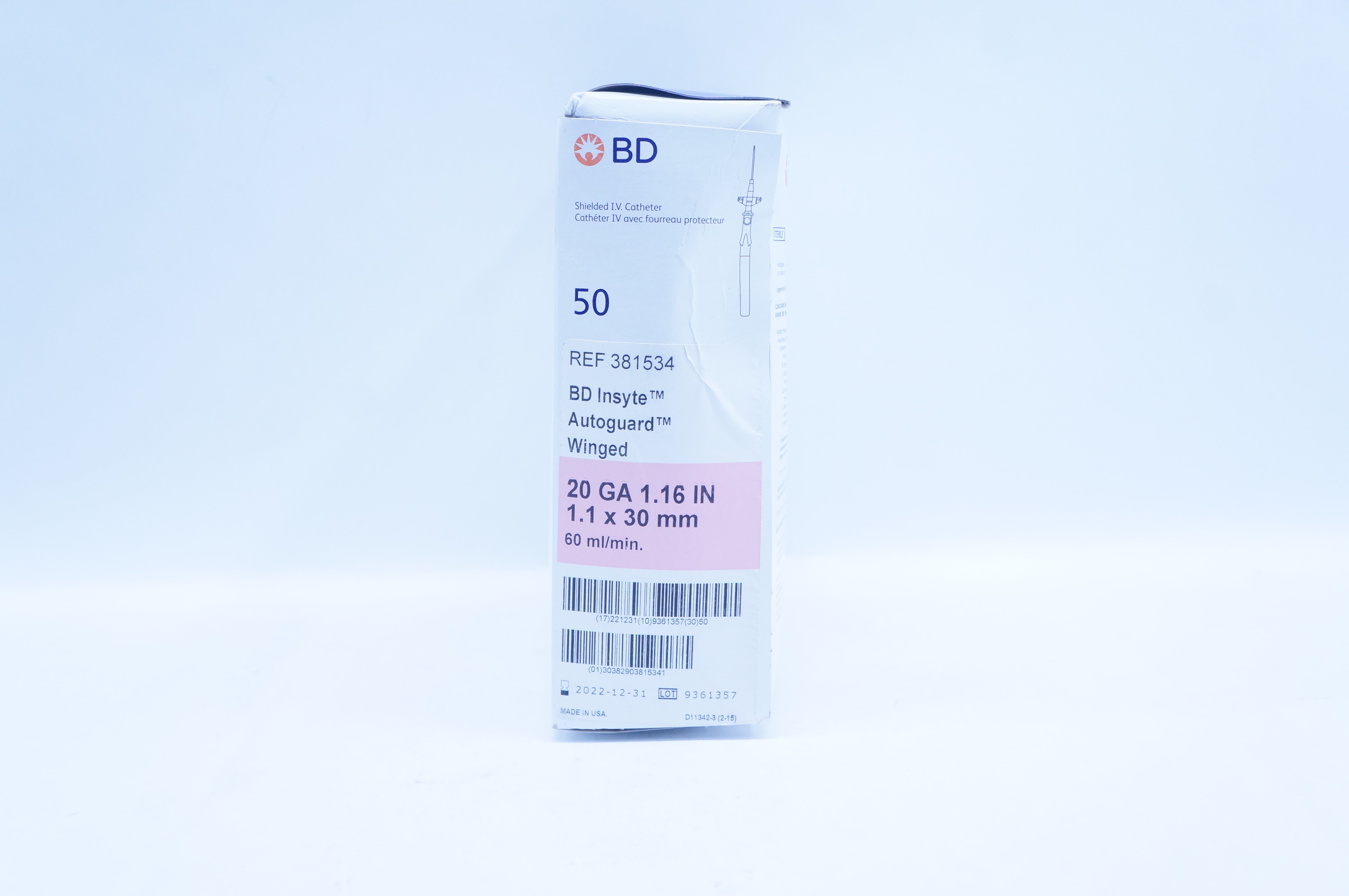 BD 381534 Insyte Autoguard Winged Shielded I.V. Cath. 20GA x 1.16in. - Box of 50