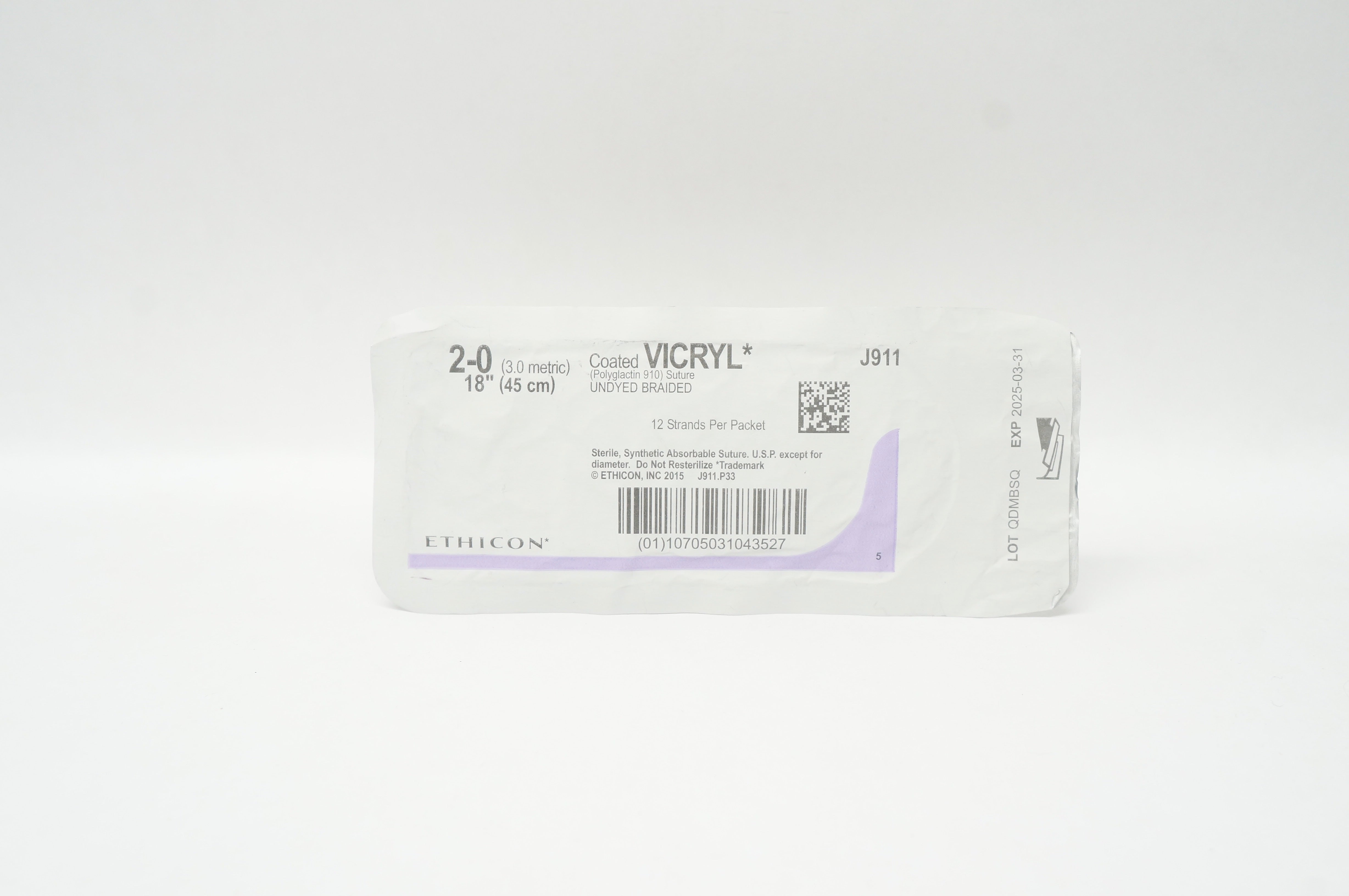 Ethicon J911 2-0 Coated VICRYL, Undyed Braided, 18inch