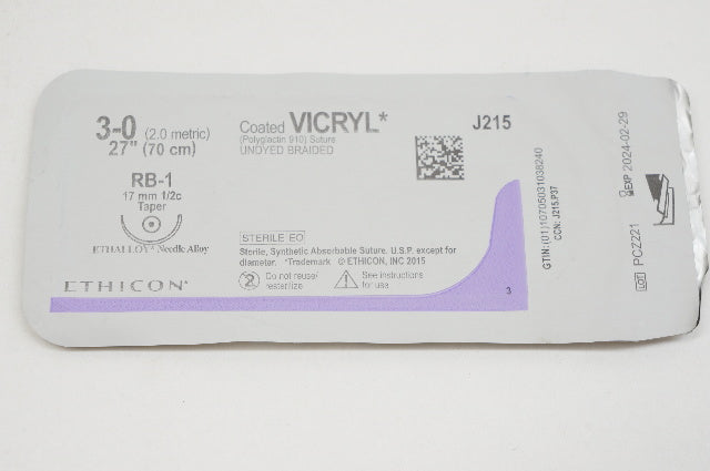 Ethicon J215 3-0 VICRYL, RB-1, 17mm 1/2c Taper, 27inch (x)