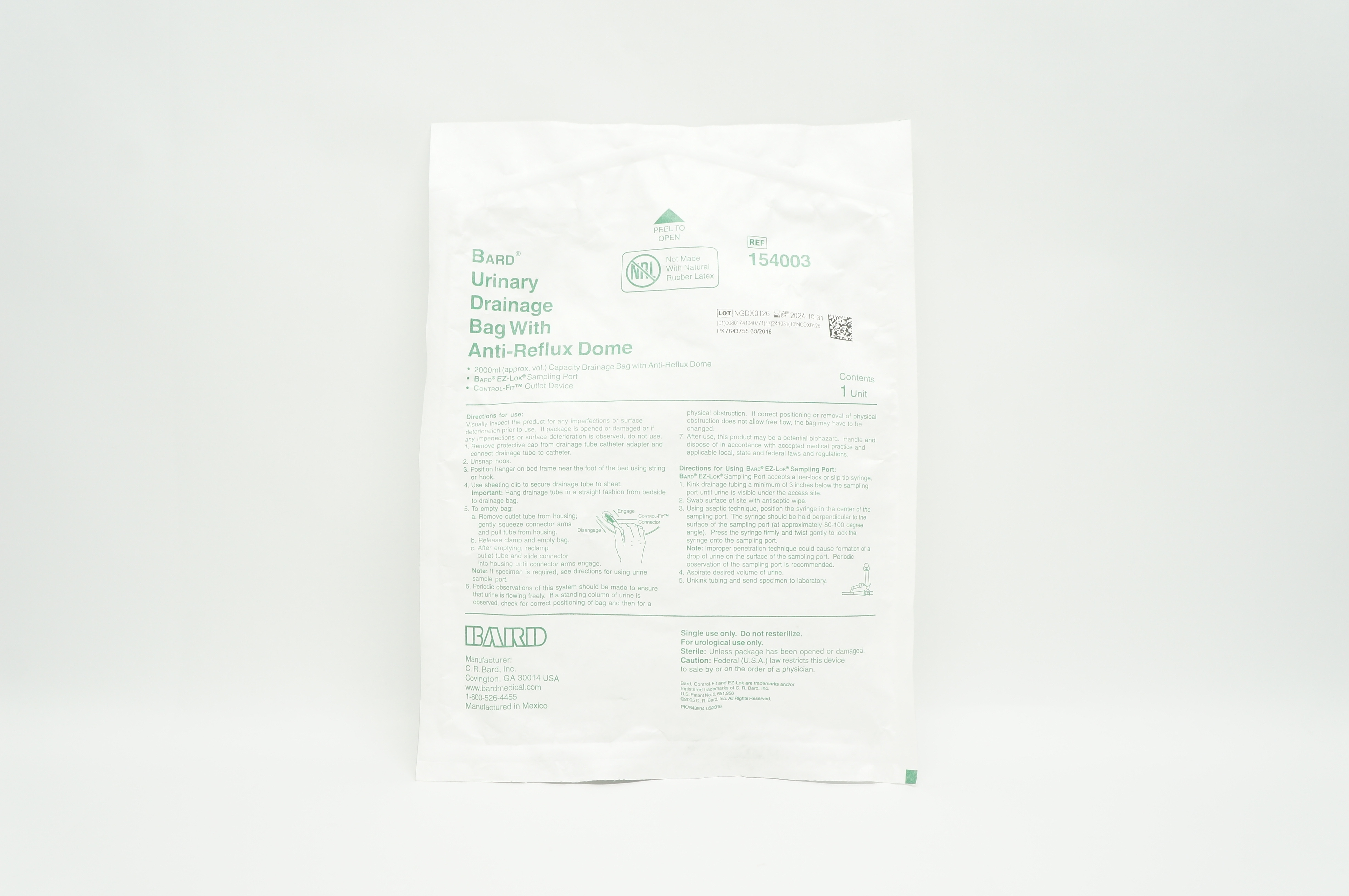 Bard 154003 Urinary Drainage Bag with Anti-Reflux Dome 2000ml