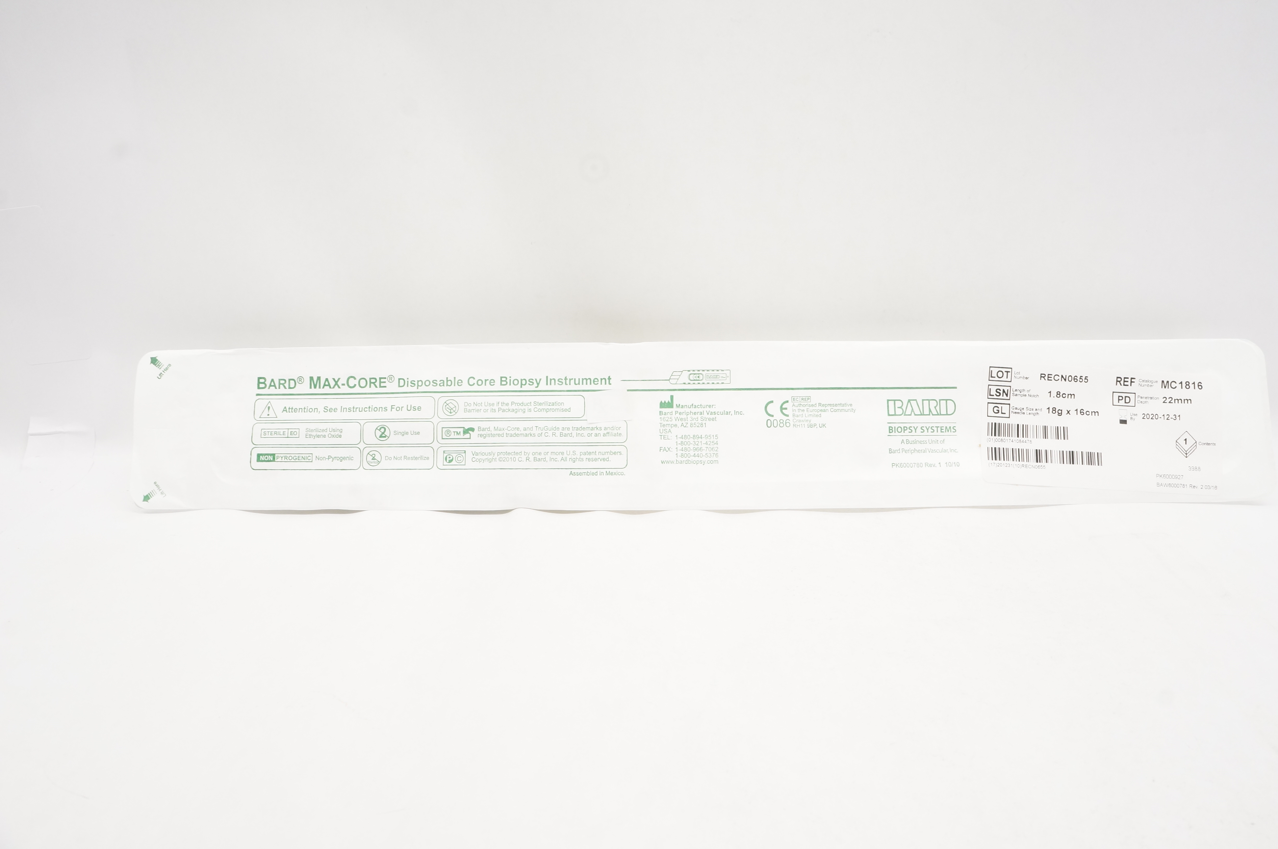 Bard MC1816 Max-Core Disposable Core Biopsy Instrument 18g x 16cm (x)