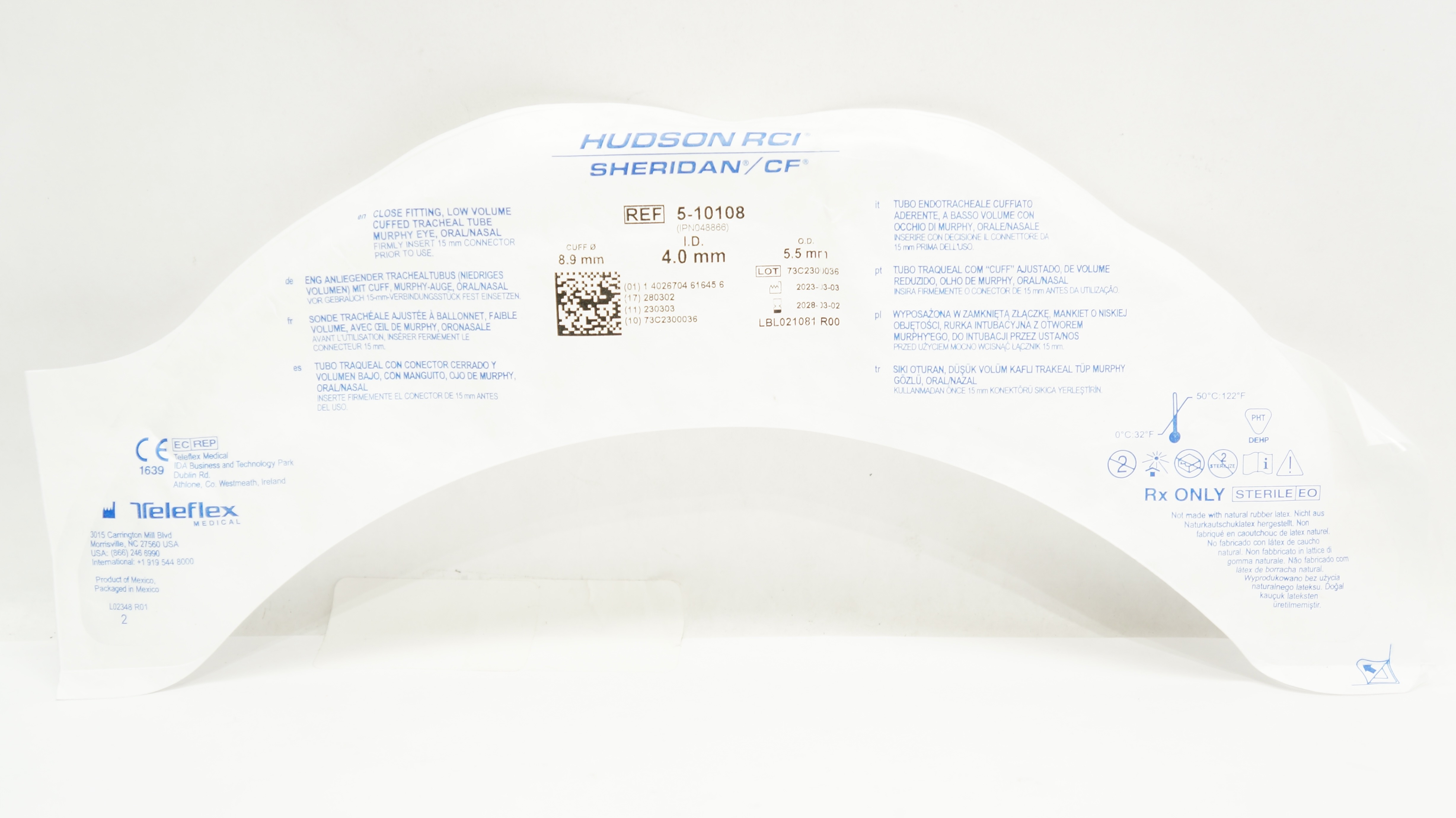 Teleflex 5-10108 Hudson RCI Sheridan CF Tracheal Tube 8.9mm x 4.0mm