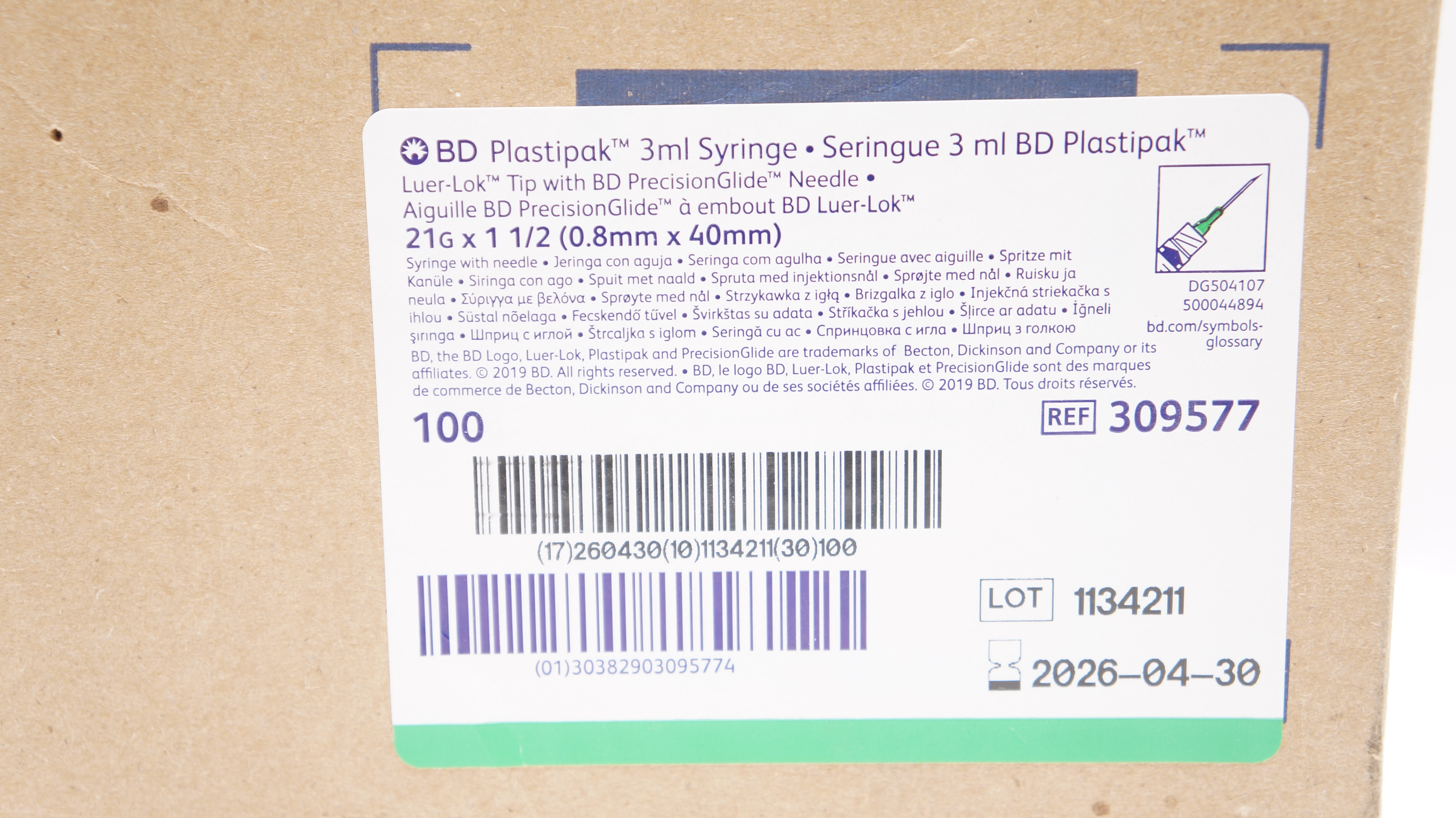BD 309577 Plastipak 3mL Syringe W/Precision Glide Ndle 21G x 1 1/2 - Box of 100