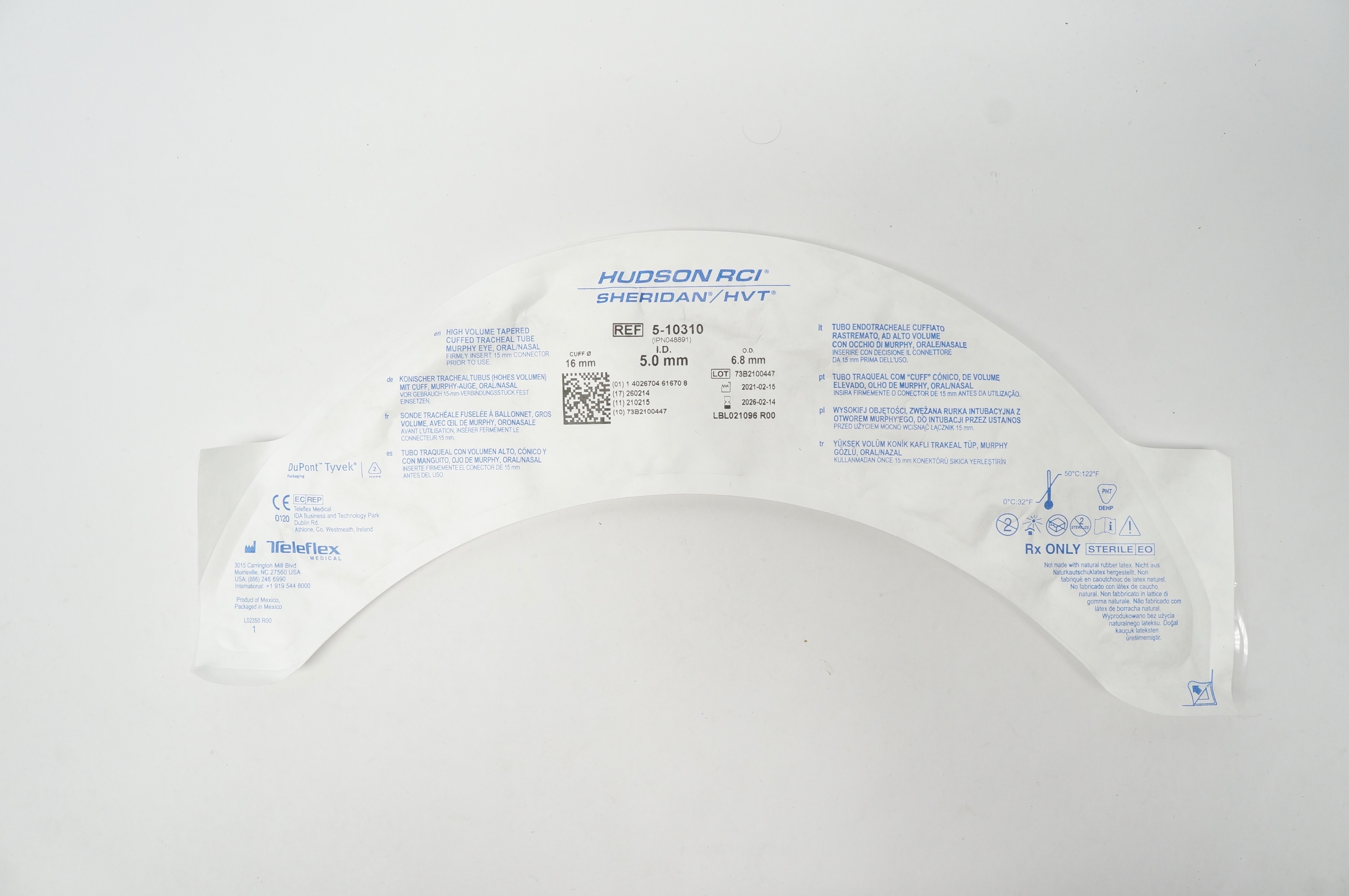 Teleflex 5-10310 Hudson RCI Sheridan Cuffed Tracheal Tube 5.0mm ID x 6.8mm OD