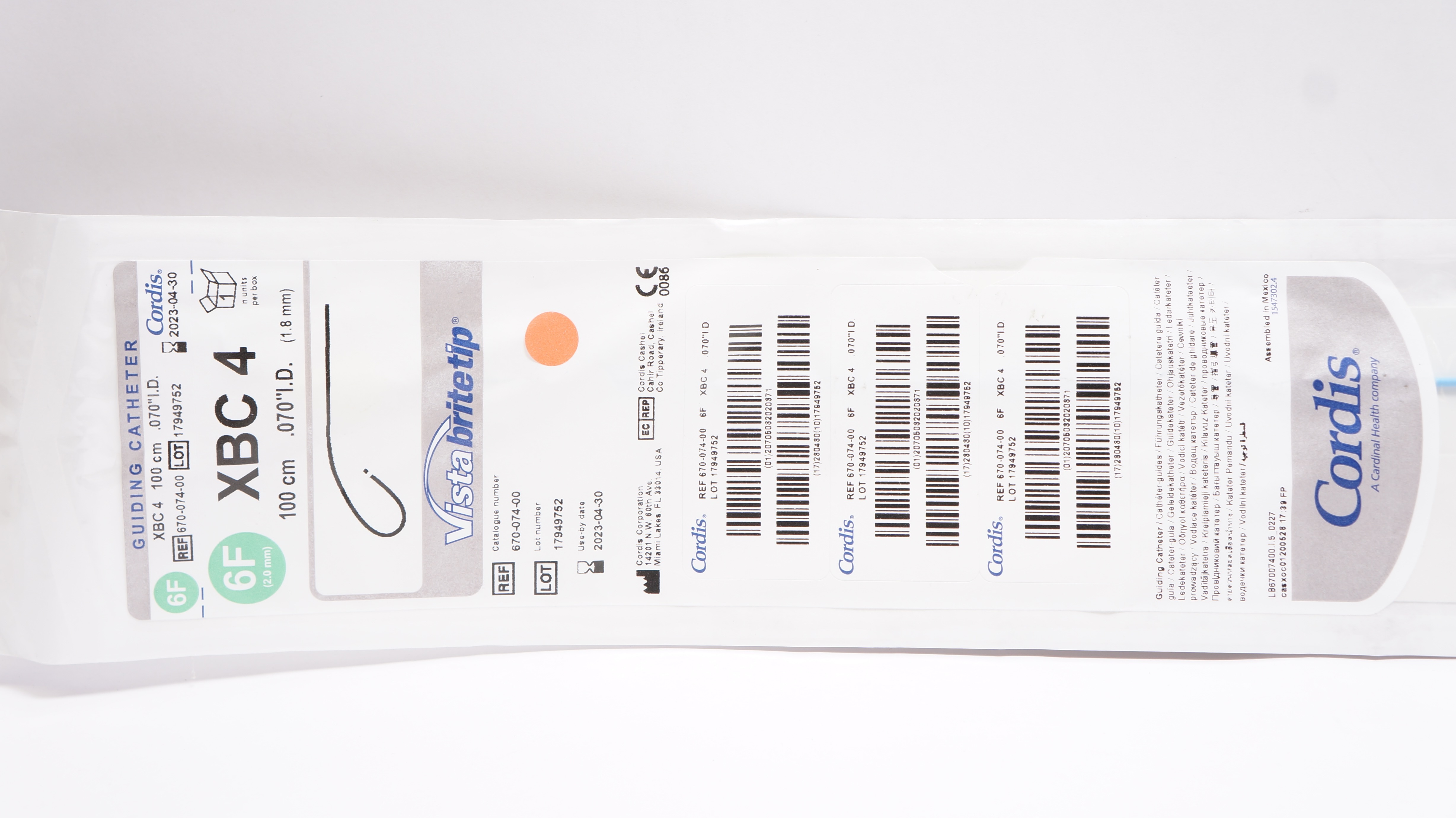 Cordis 670-074-00 Vistabritetip Guiding Cath. XBC 4 6F x 100cm x .070inch ID (x)