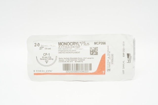 Ethicon MCP266 2-0 Monocryl Plus CP-1 Reverse Cutting 36mm 1/2c, 27inch (x)