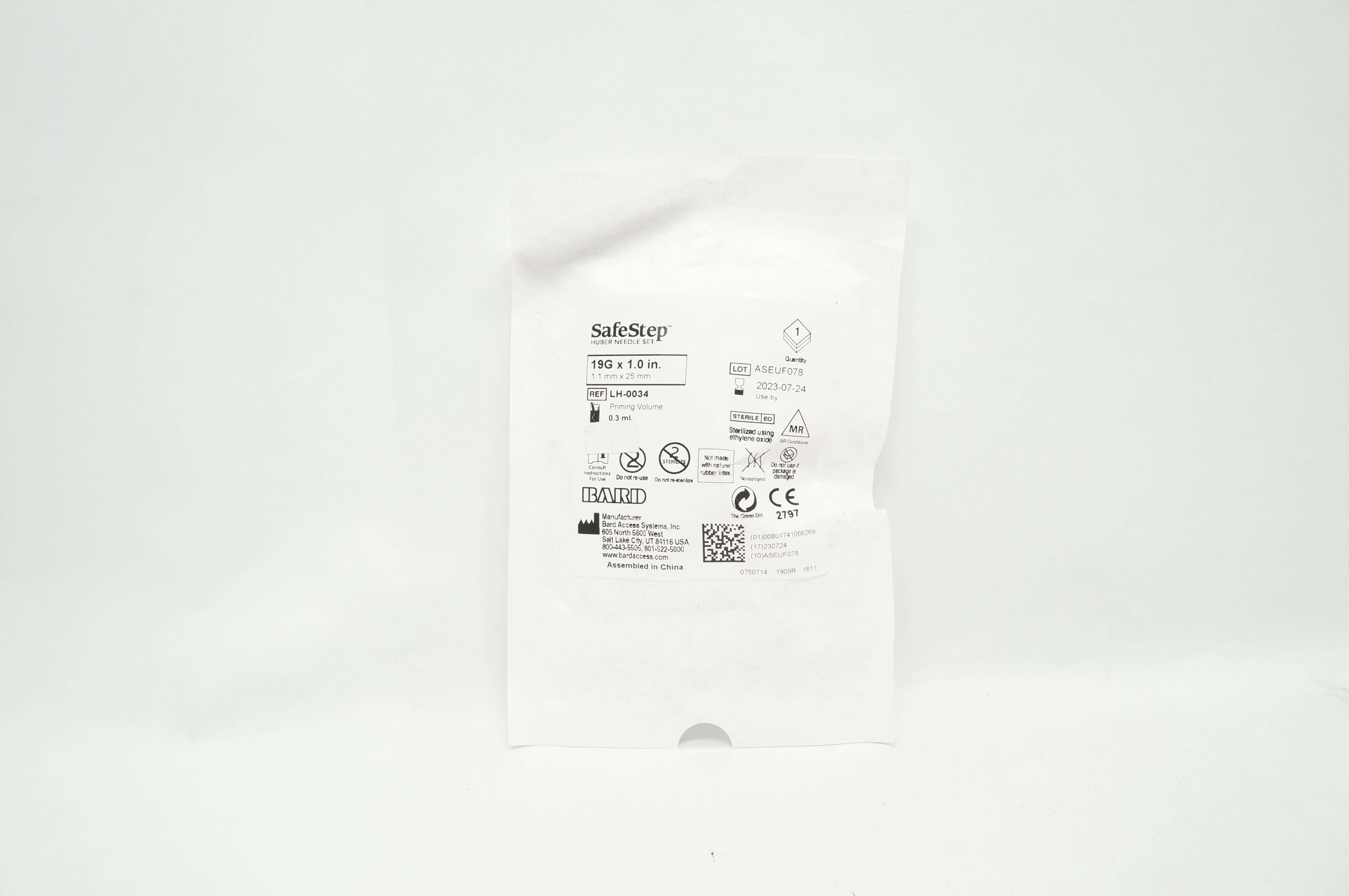 Bard LH-0034 SafeStep Huber Ndle Set 19G x 1.0 inch, Priming Volume 0.3 mL