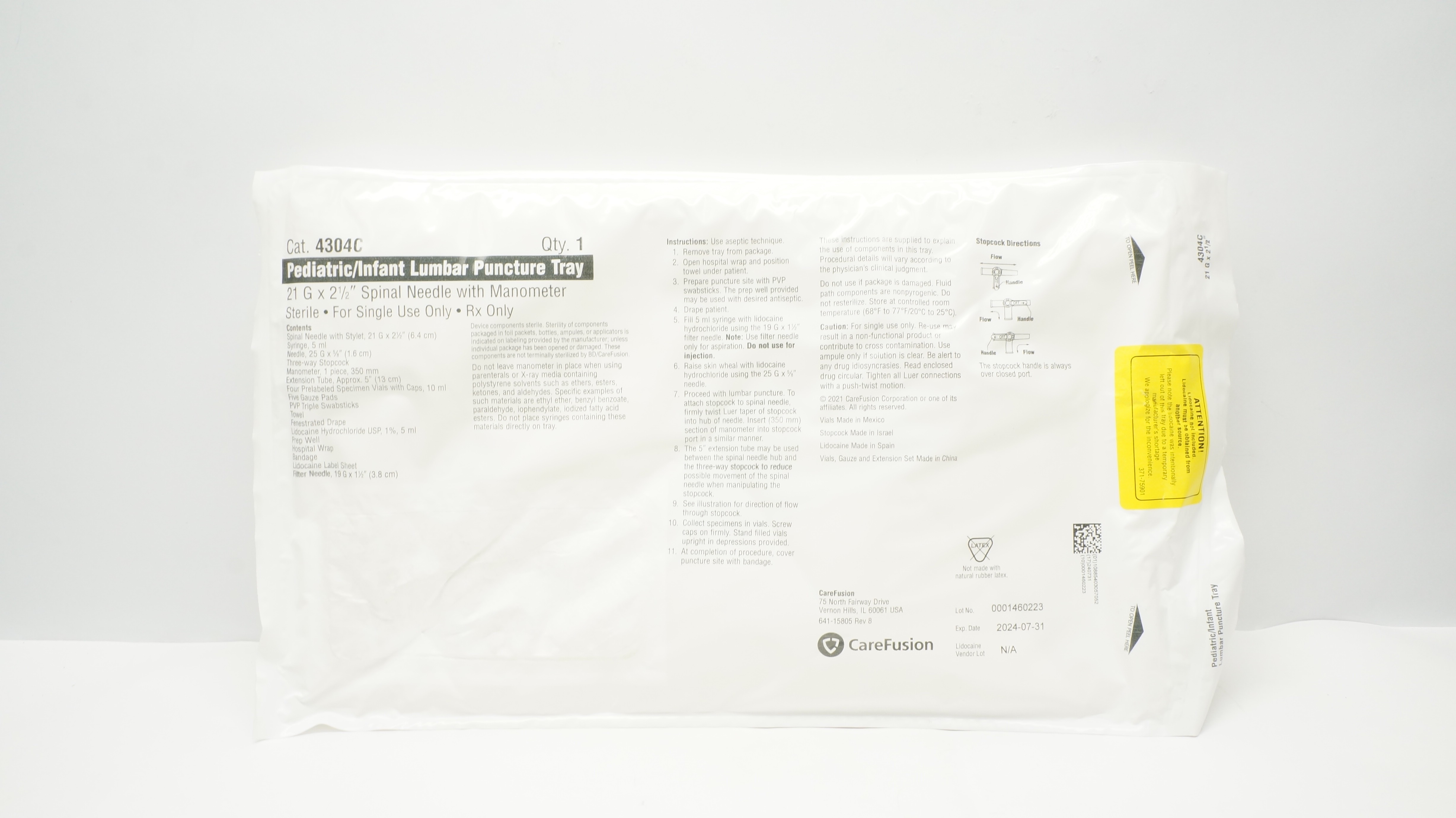 CareFusion 4304C Pediatric/Infant Lumbar Puncture Tray w/Ndle 21G x 2-1/2inch(x)