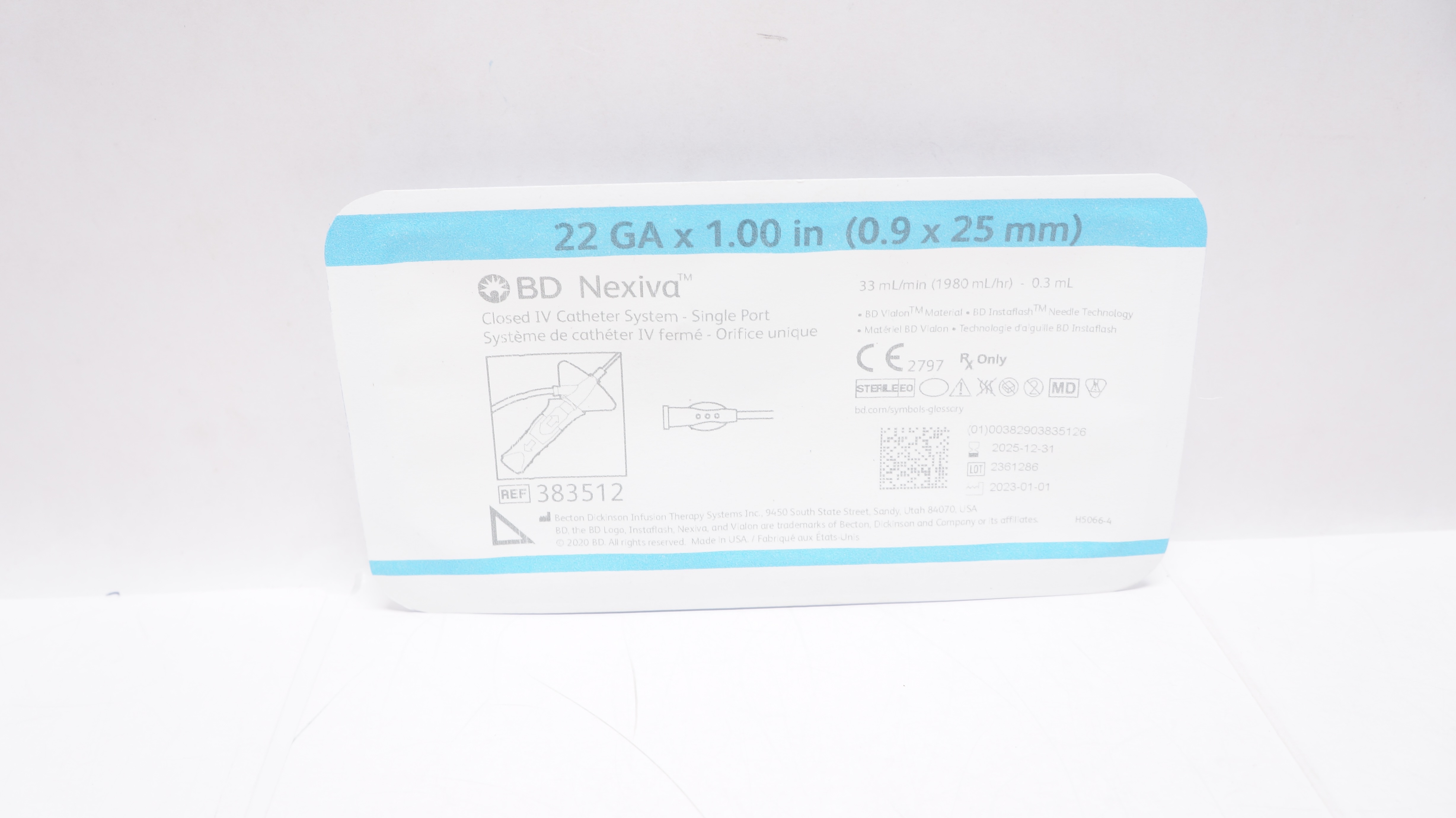 BD 383512 Nexiva Clodsed IV Cath. System - Single Port 22GA x 1.00inch 33Ll/min