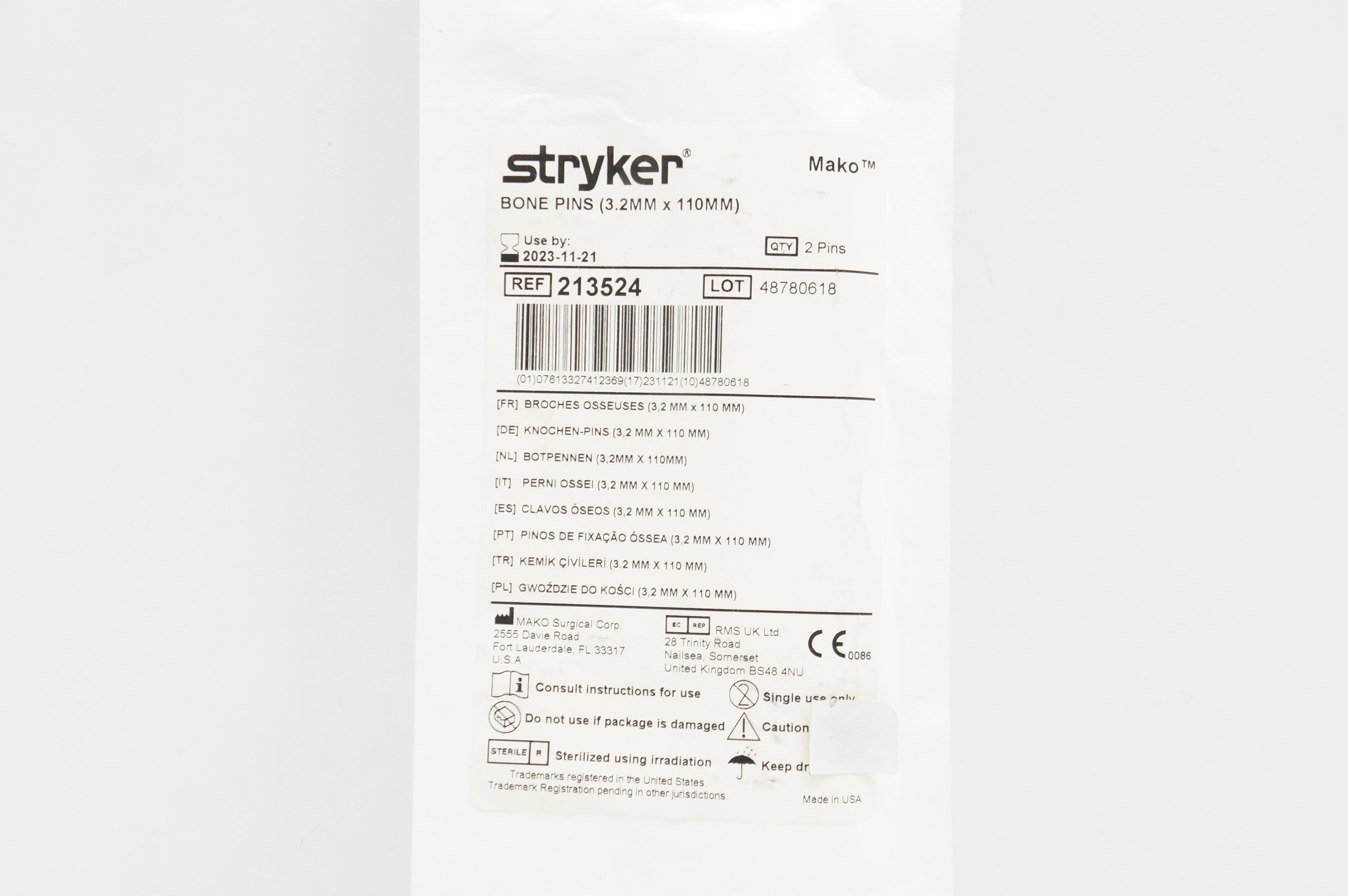 Stryker 213524 Mako Bone Pins 3.2mm x 110mm - Pack of 2 Pins