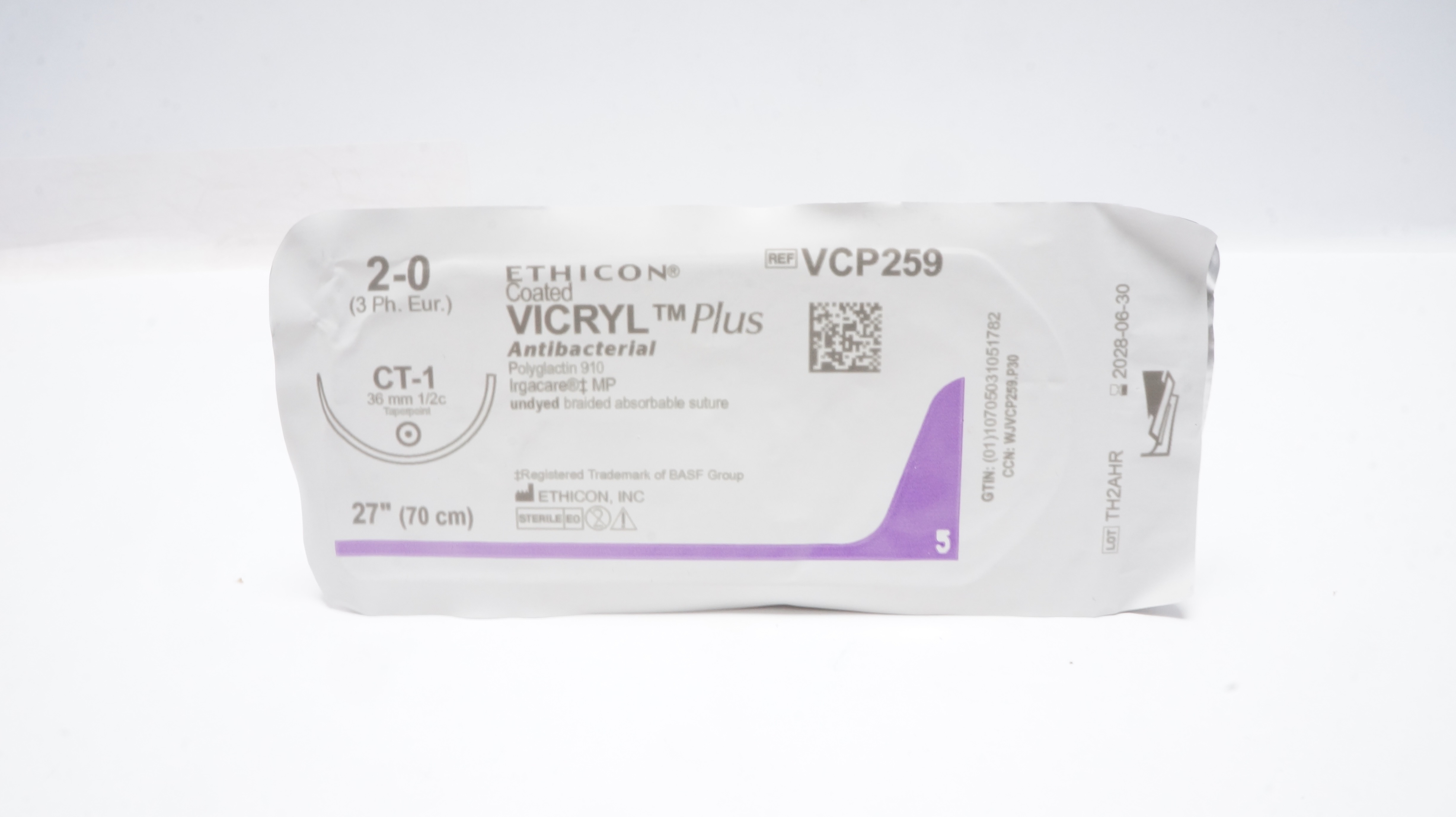 Ethicon VCP259 2-0 VICRYL PLus Polyglactin Stre CT-1 36mm 1/2c Taperpoint 27inch