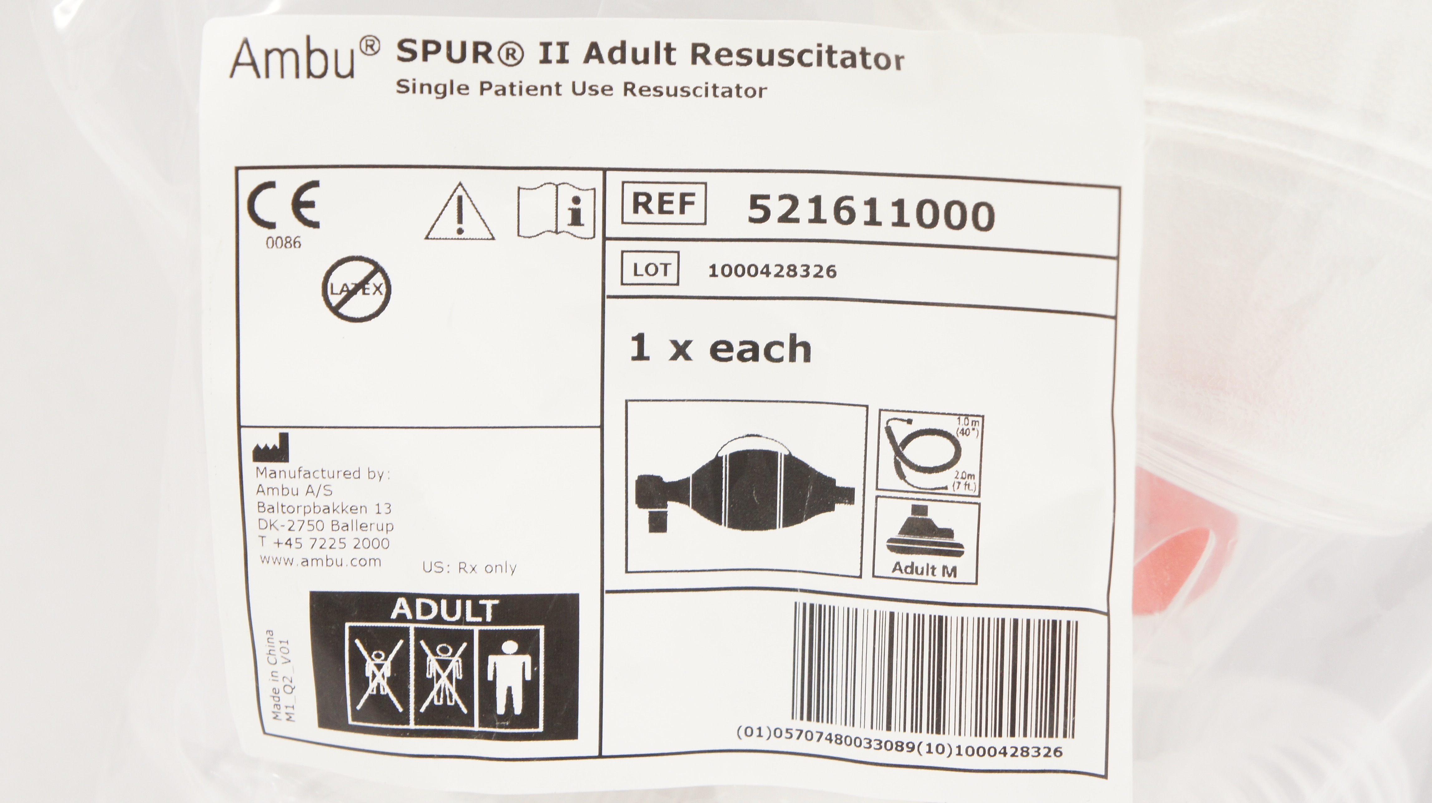 AMBU 521611000 SPUR II Adult Resuscitator, M 40inch x 7ft