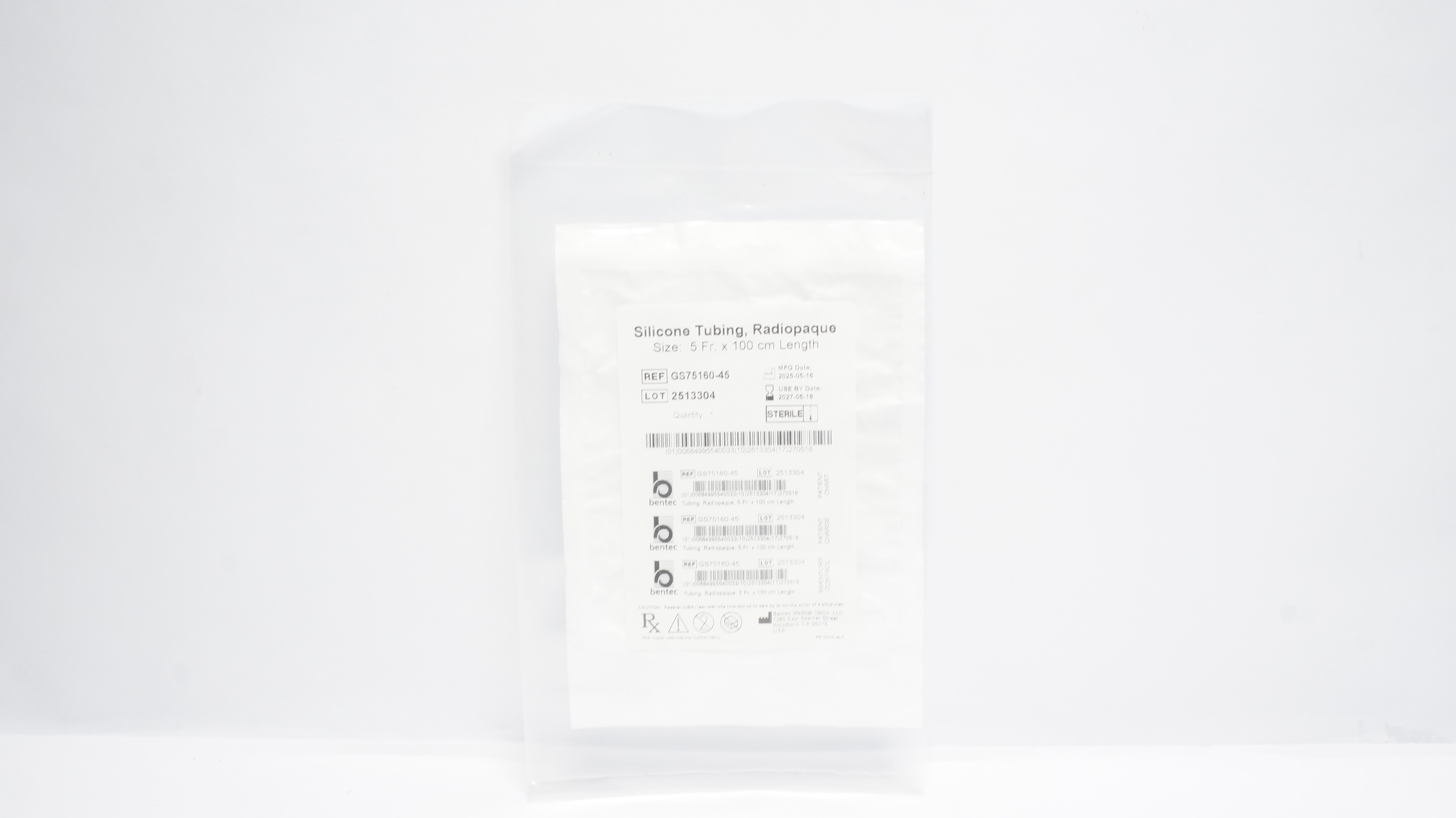 Bentec Medical GS75160-45 Silicone Radiopaque Elastomer Tubing 5Fr