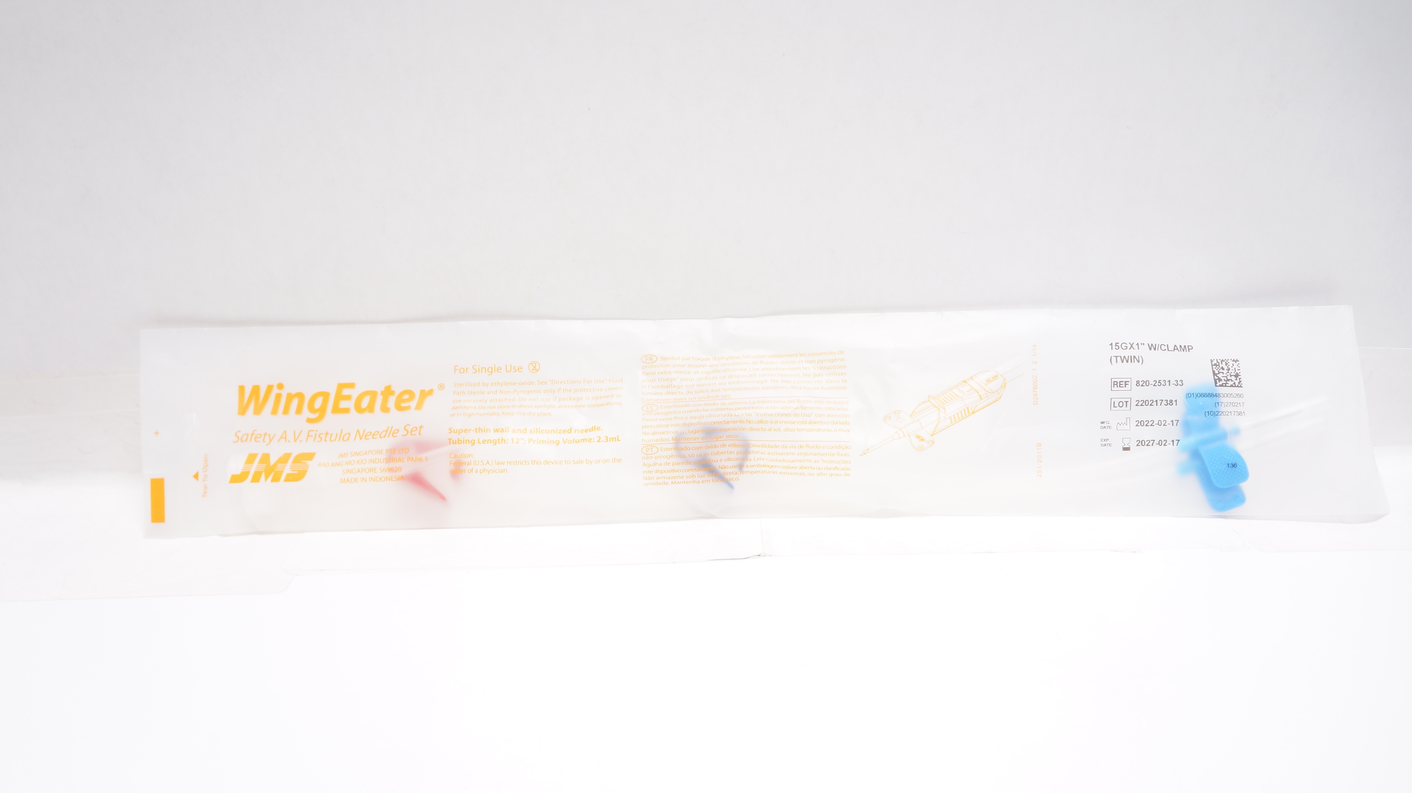 JMS 820-2531-33 WingEater Safety A.V. Fistula Ndle Set w/Clamp, 15G x 1inch