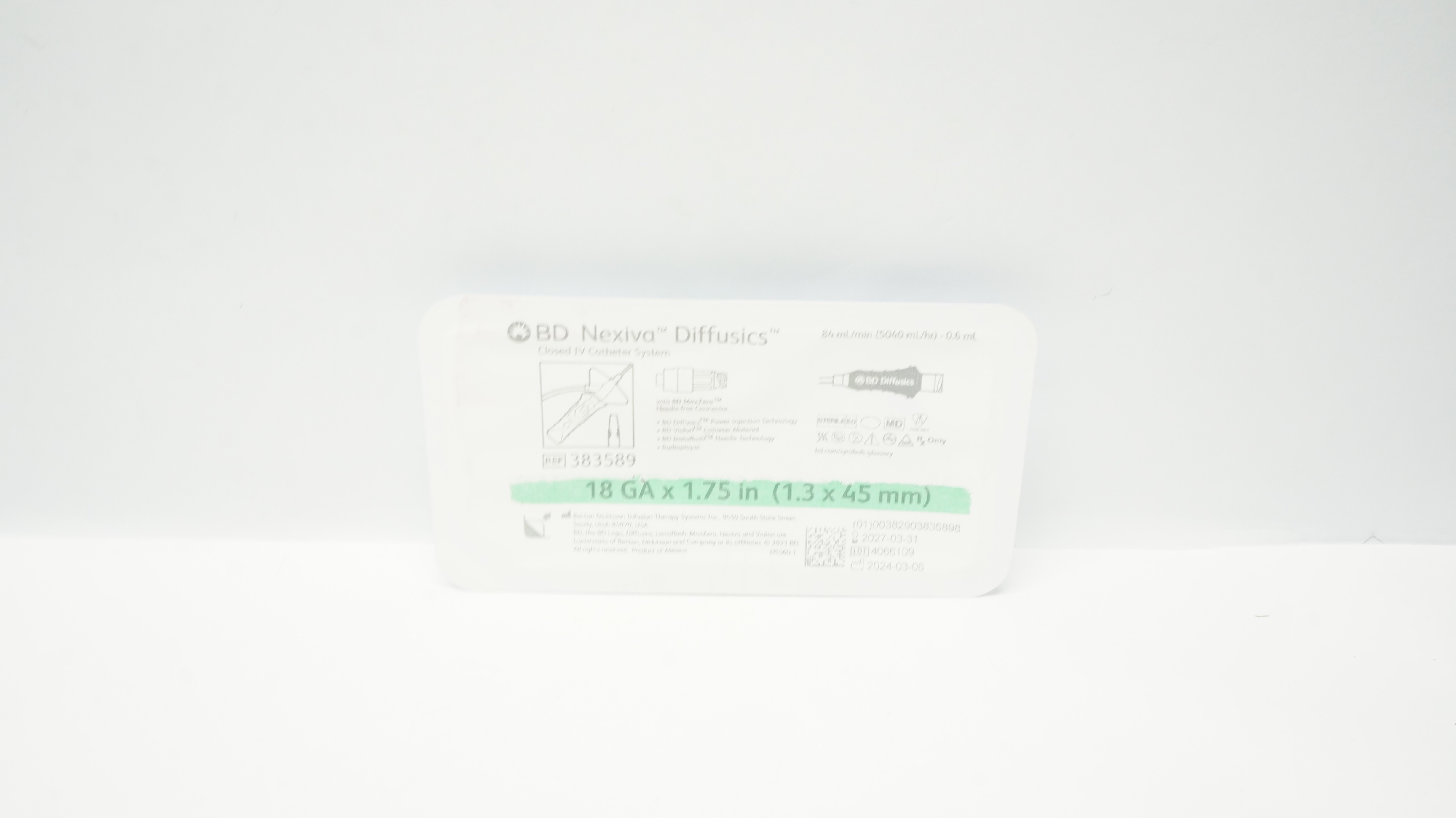 BD 383589 Nexiva Diffusics, Closed IV Cath. System 18GA x 1.75inch
