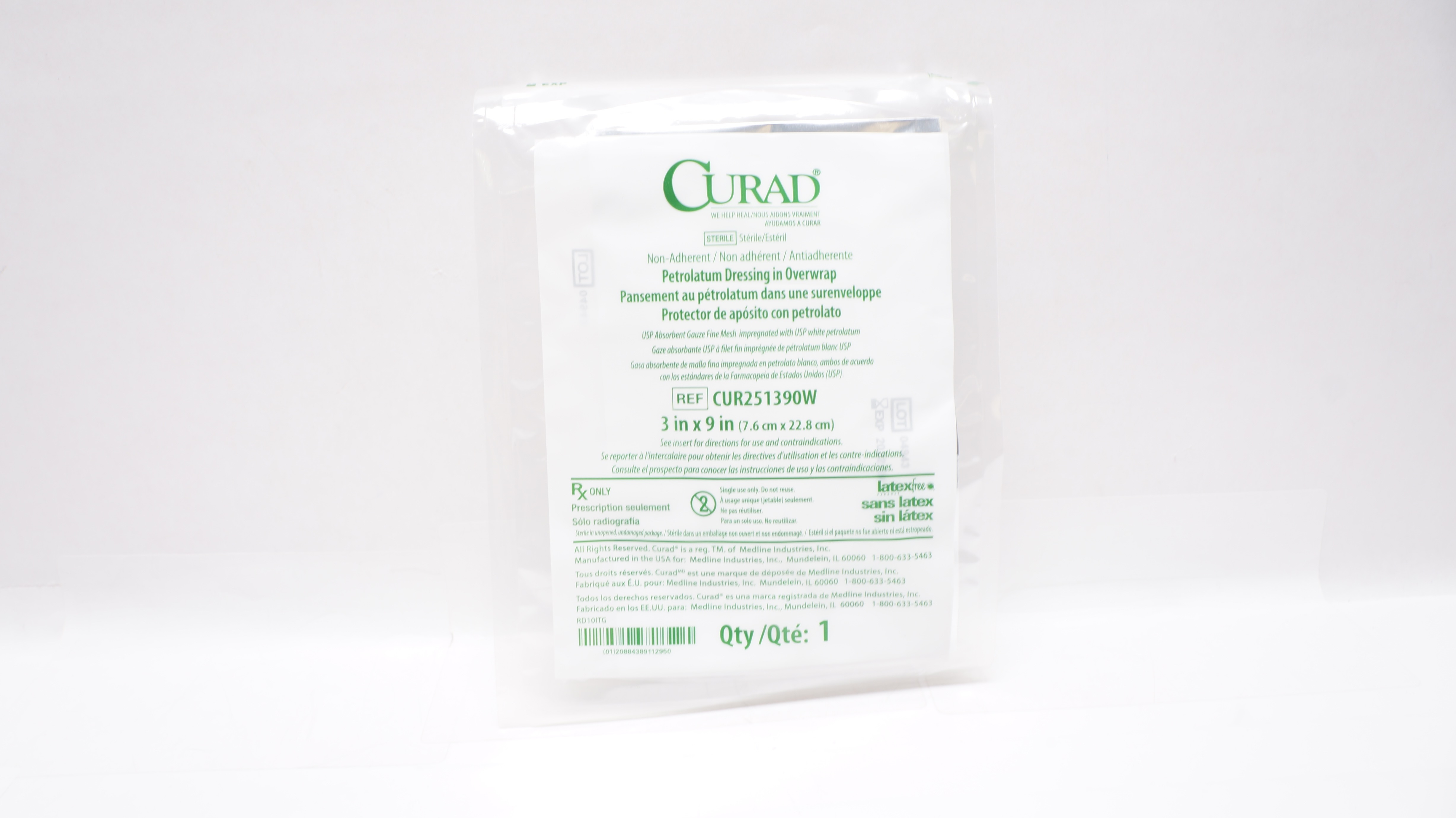 Medline CUR251390W Curad Petrolatum Dressing in Overwrap 3 inch x 9 inch (x)