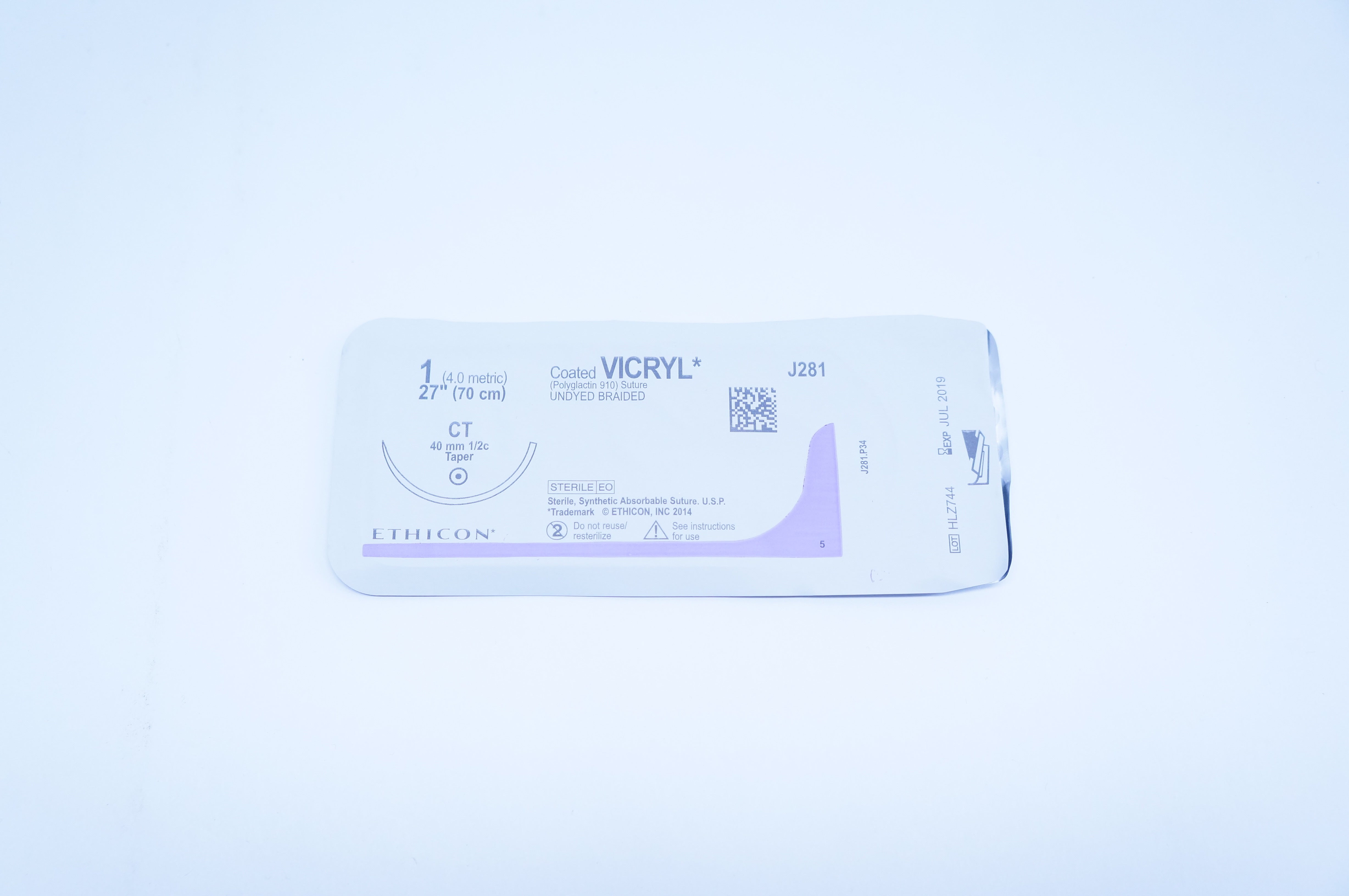 Ethicon J281 1 Coated VICRYL Polyglactin Stre CT 40mm 1/2c Taper, 27inch (x)