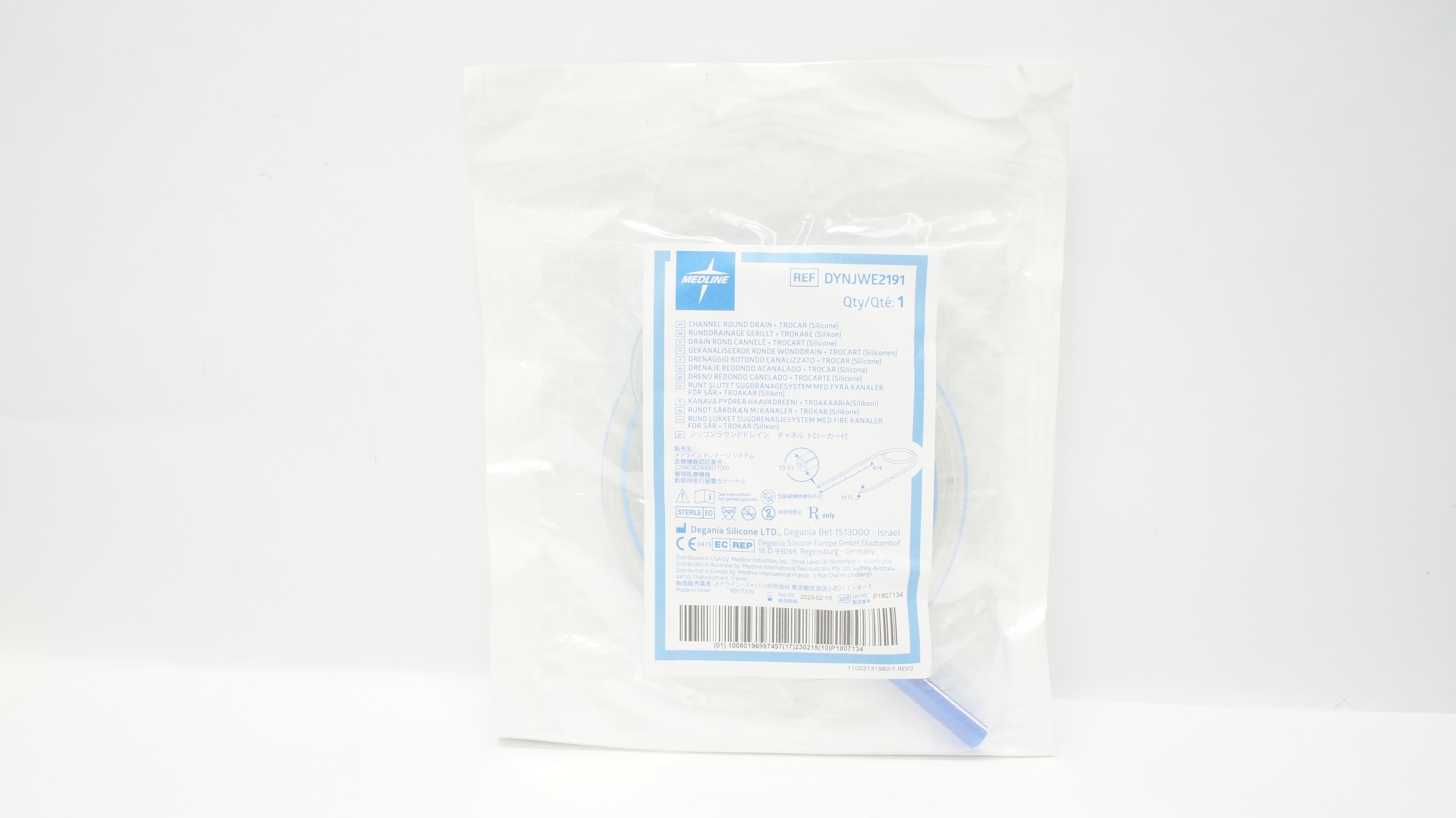 Medline DYNJWE2191 Channel Round Drain + Trocar (Silicone) 19Fr (x)