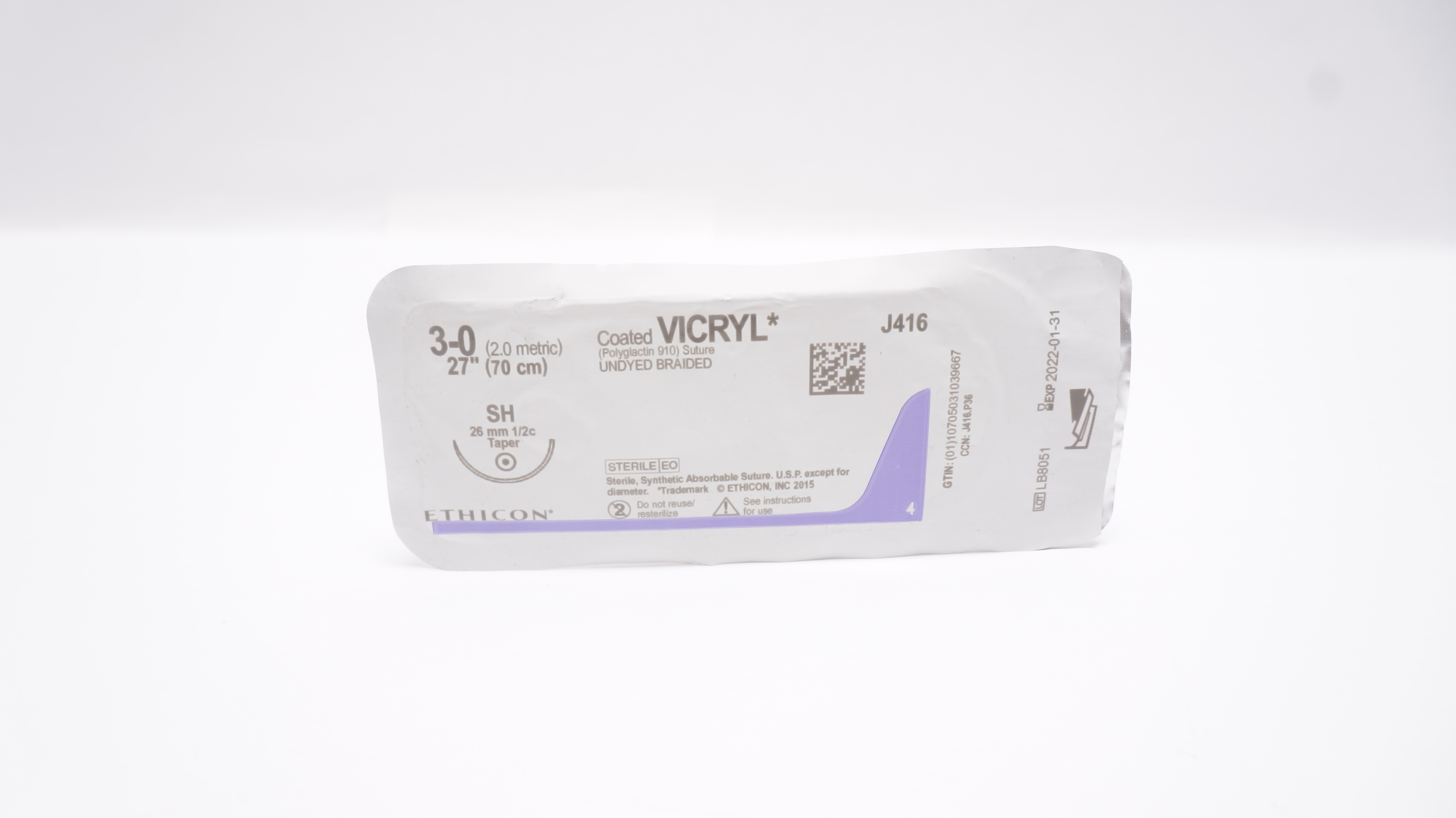 Ethicon J416 3-0 VICRYL, SH, 26mm 1/2c Taper, 27inch (x)