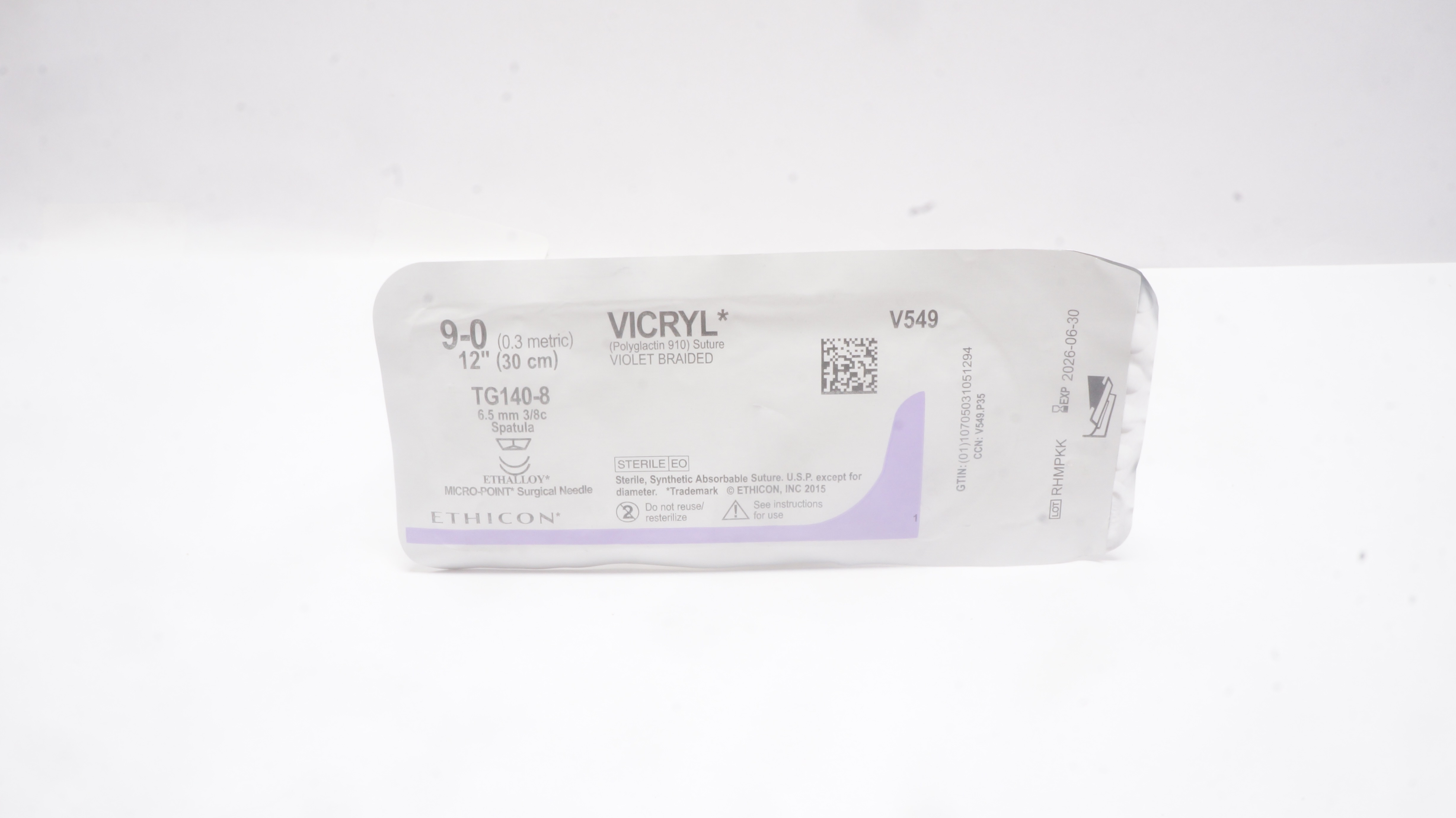 Ethicon V549 9-0 VICRYL TG140-8,  6.5mm 3/8c Spaula, 12inch