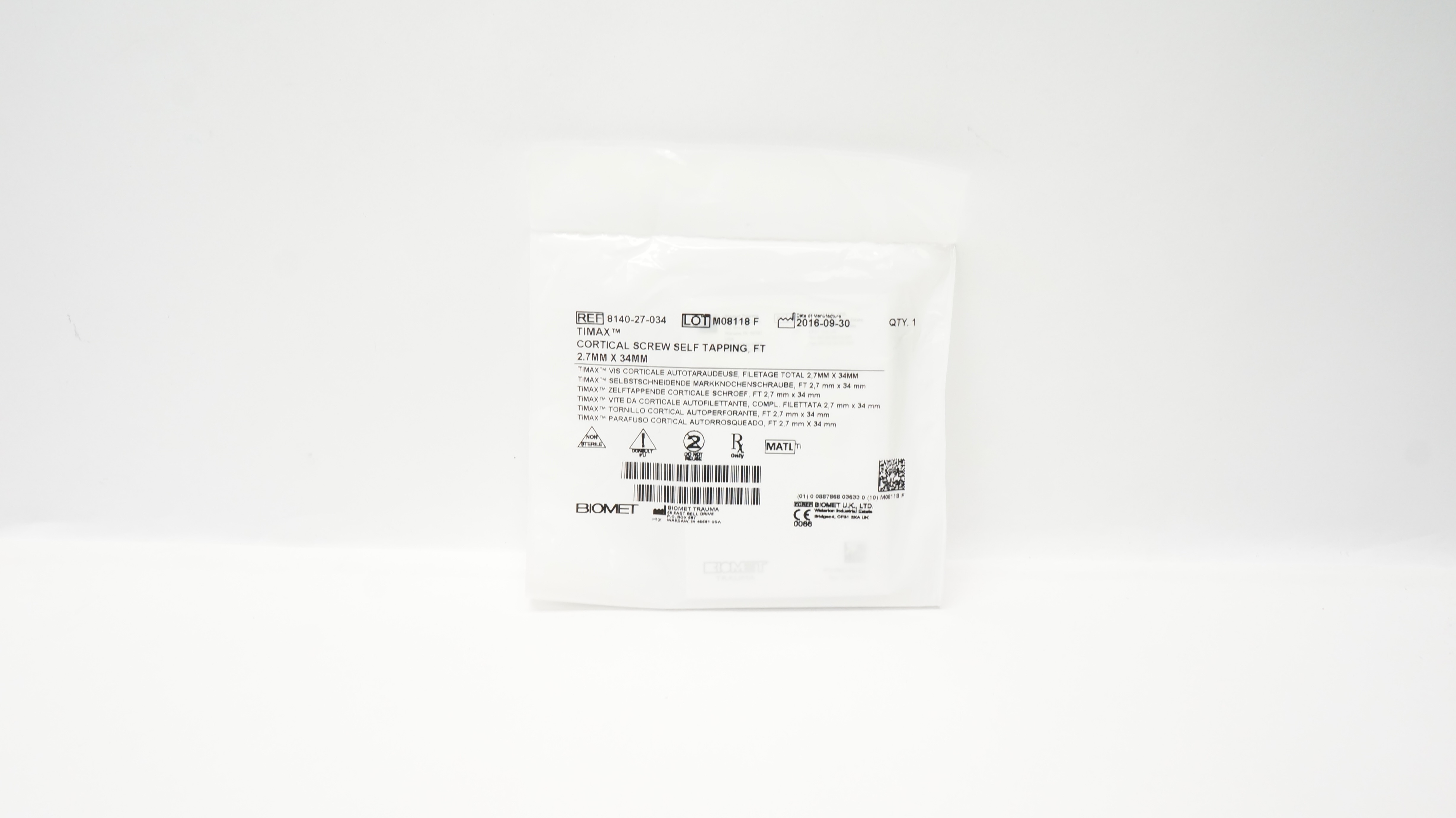 Biomet 8140-27-034 Timax Cortical Screw Self Tapping, FT 2.7mm x 34mm