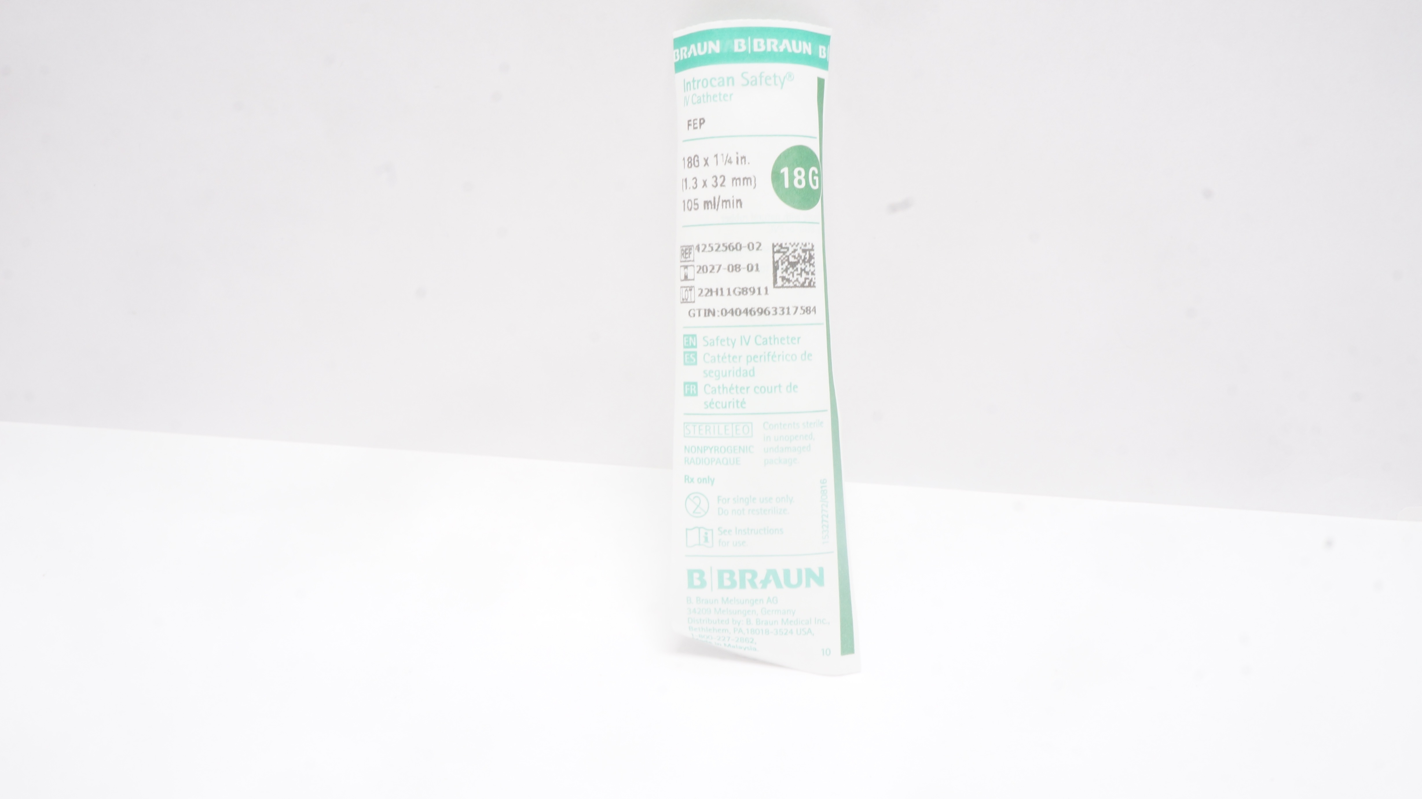 Braun 4252560-02 Introcan Safety FEP IV Cath. 18G x 1-1/4inch 105mL/min